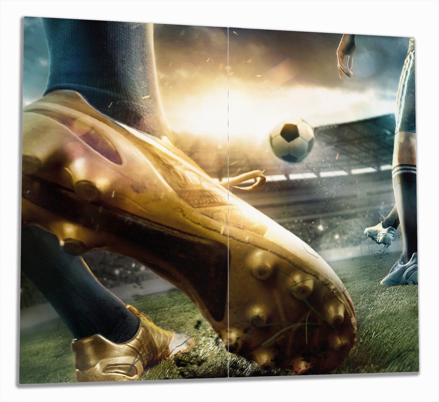 Wallario Herd-Abdeckplatte Fußball Goldschuh auf dem Feld, ESG-Sicherheitsglas, (Glasplatte, 2 tlg., inkl. 5mm Noppen), verschiedene Größen