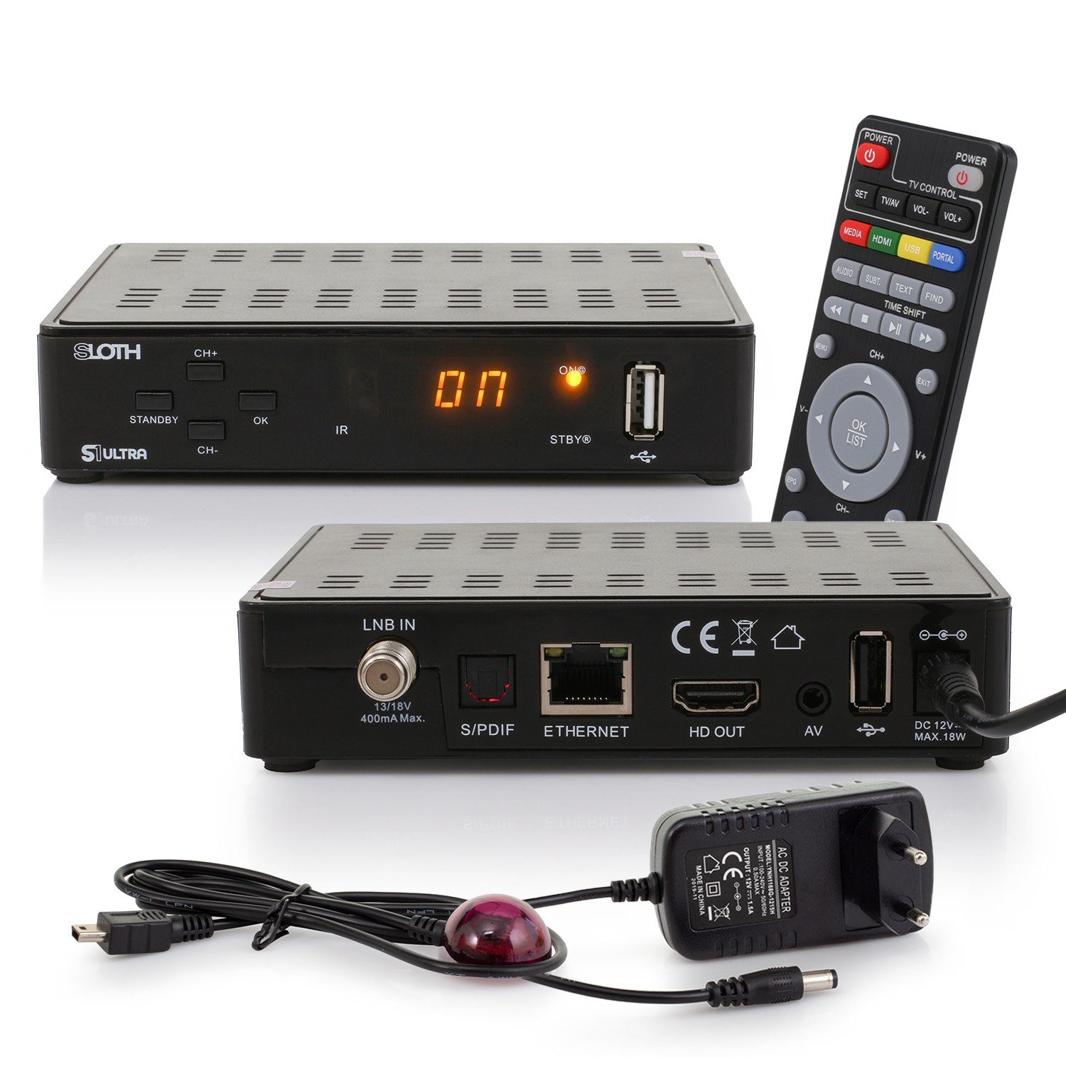 (PVR LAN, HD SAT-Receiver USB, Netzteil) S1 12V RED 1080p, Aufnahmefunktion, mit S/PDIF, OPTICUM Sloth lernbarer ultra Fernbedienung HDMI,