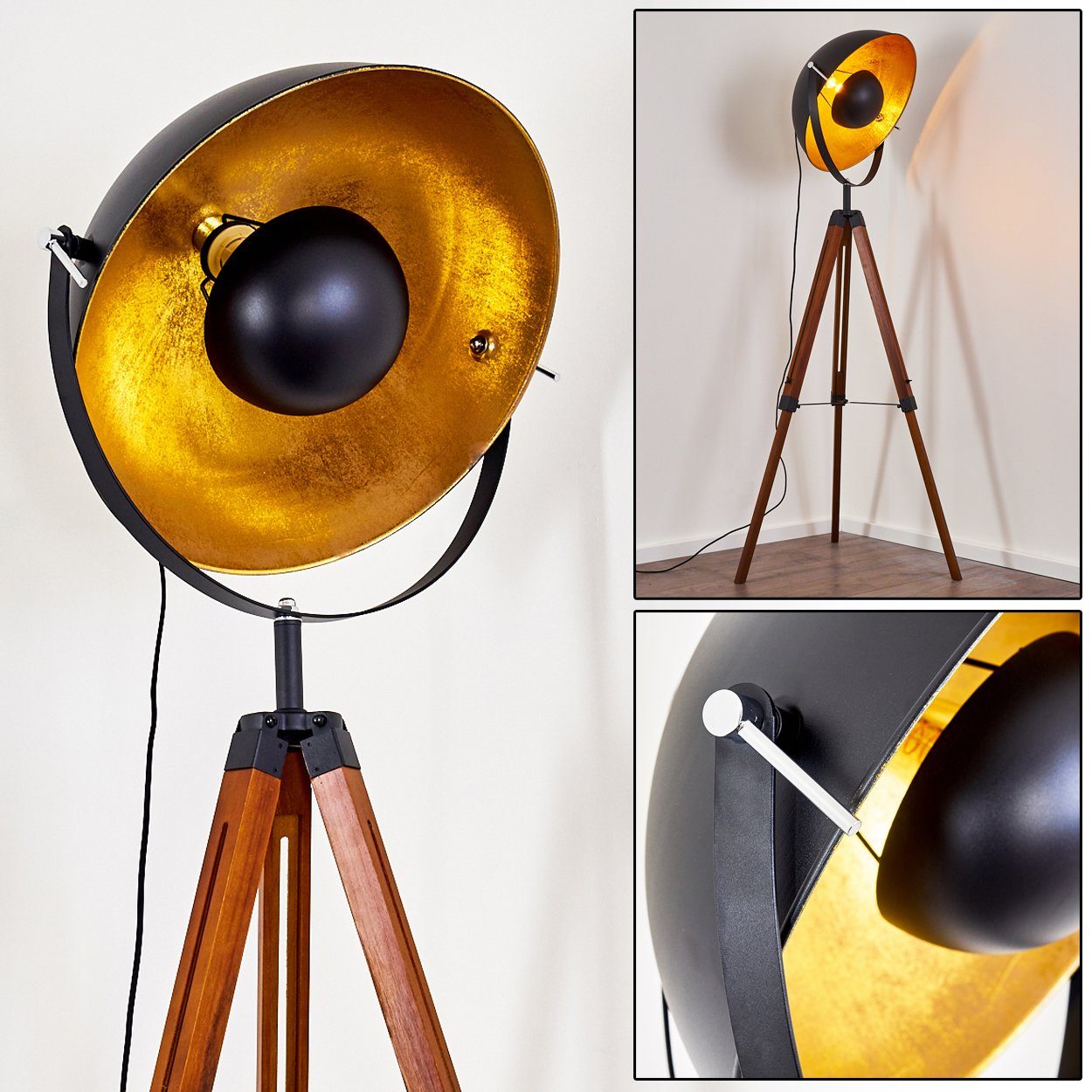 in Gestell Leuchtmittel, hofstein Stehleuchte Weiß, ohne Vintage Bodenleuchte Schwarz/Gold Stehlampe verstellbare Ø55cm, E27, Metall, aus in »Ghedi« Holz