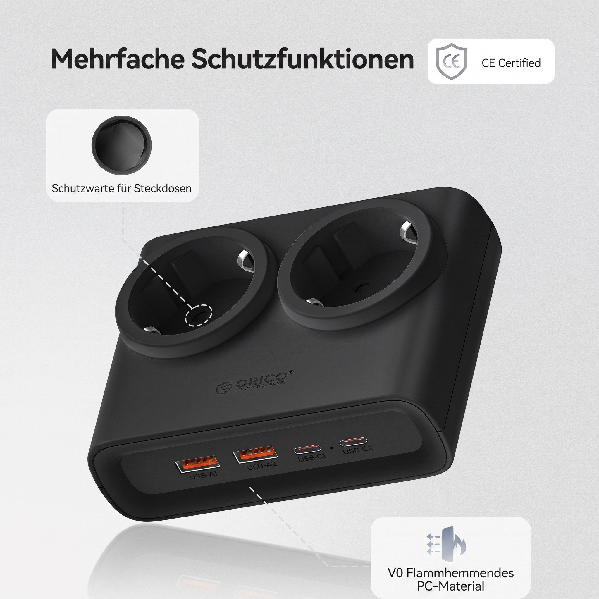 ORICO Steckdose 15W/25W GaN Mehrfachsteckdose 6-in-1 Steckdosenleiste,2AC+2USB+2CPD, acher 1,3 cm Stecke, 1-St., 1,6 m Kabel, 2500 W., für Haushalt & Büro – Bild 5 von 5