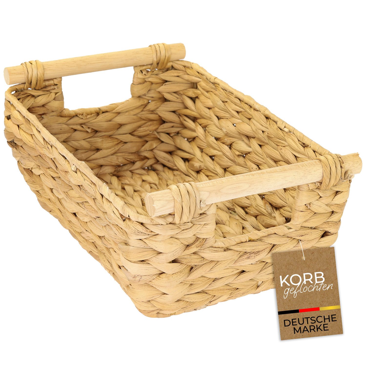 HMF Aufbewahrungskorb Aufbewahrungskorb geflochten aus Wasserhyazinthe, Korb mit (1 St), Holzgriffen für Badezimmer, Küche und Wohnbereich, 32 x 22 x 12 cm