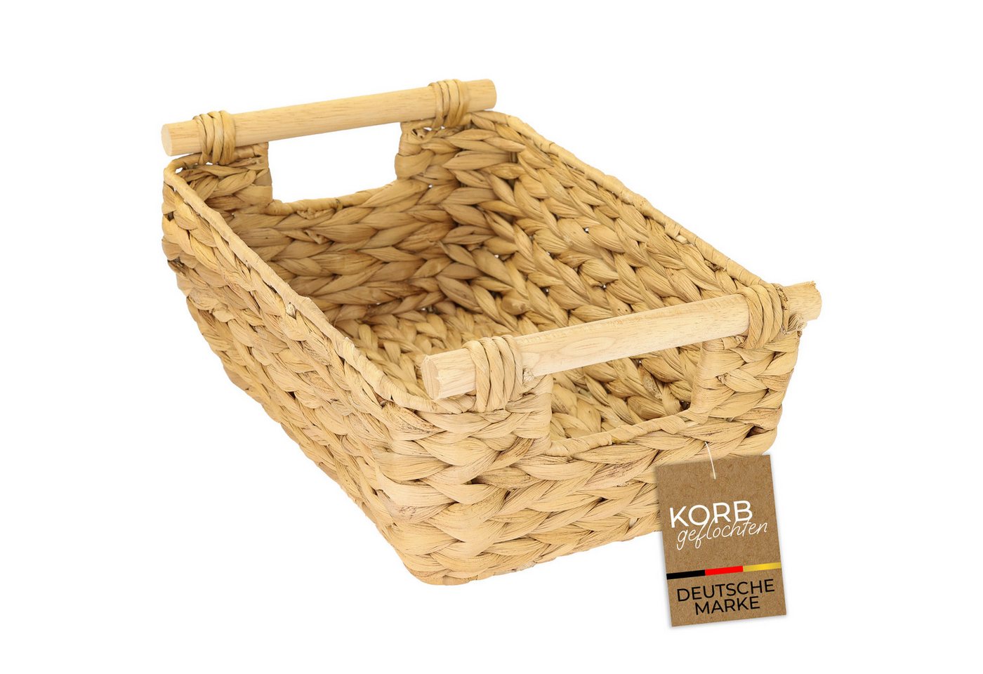 HMF Aufbewahrungskorb Aufbewahrungskorb geflochten aus Wasserhyazinthe, Korb mit (1 St), Holzgriffen für Badezimmer, Küche und Wohnbereich, 32 x 22 x 12 cm