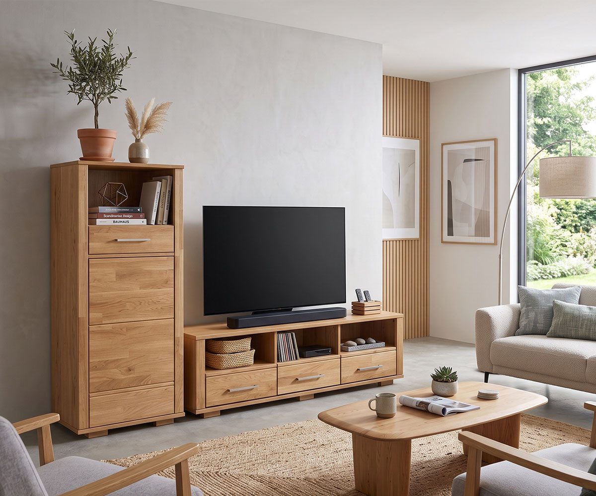 Feldmann-Wohnen Wohnwand Sandra, (1 Lowboard, 1 Stauraumschrank, 2-St., moderne Optik, 2-teilig, Füße und Front aus Massivholz), 2-teilig Eiche Natur Teilmassiv