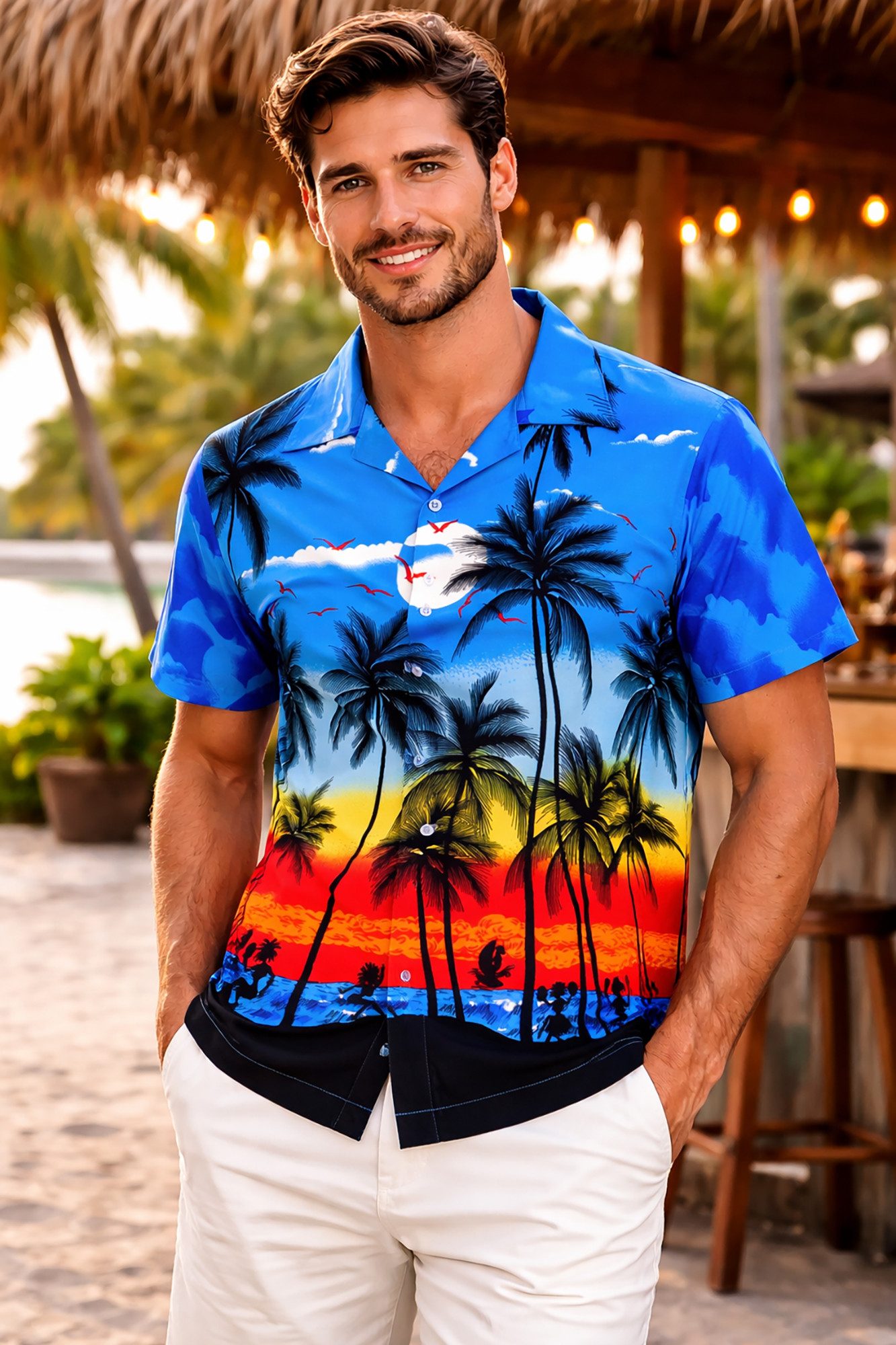 King Kameha Hawaiihemd "Beach" Funky Hawaii-Hemd Herren Kurzarm Front-Tasche Stylish