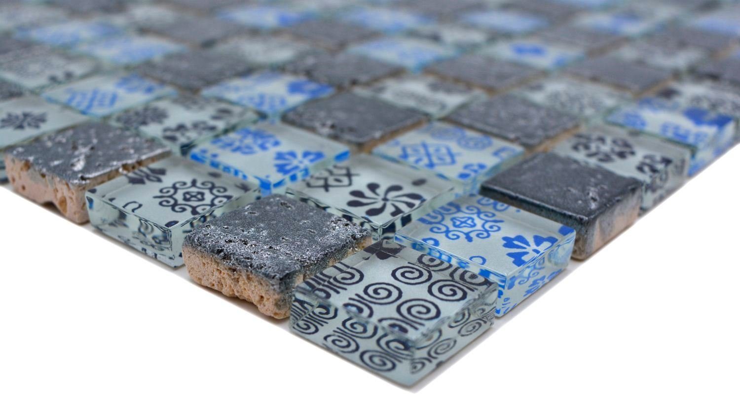 Mosani Mosaikfliesen Glasmosaik Matten Mosaik schwarz 10 Resin / glänzend blau