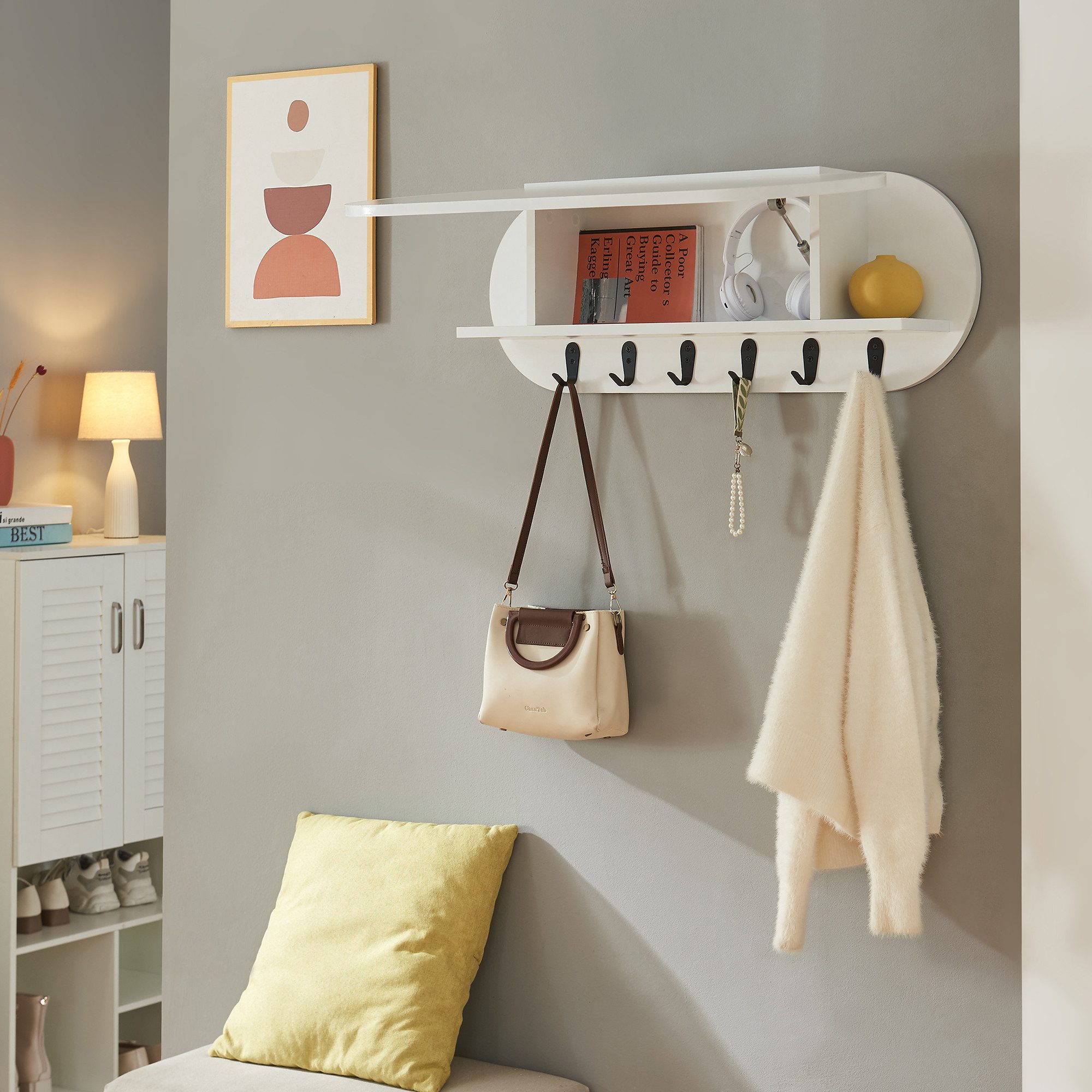 en.casa Wandgarderobe, »Vilkön« mit Ablagefach 6 Haken 80x16x30 cm Weiß günstig online kaufen