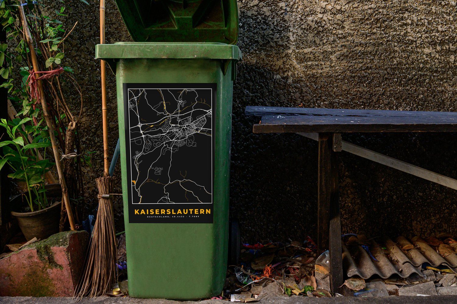 MuchoWow Wandsticker Kaiserslautern - Container, - Deutschland Gold Mülltonne, (1 Schwarz Karte Stadtplan - St), Abfalbehälter und Mülleimer-aufkleber, - Sticker