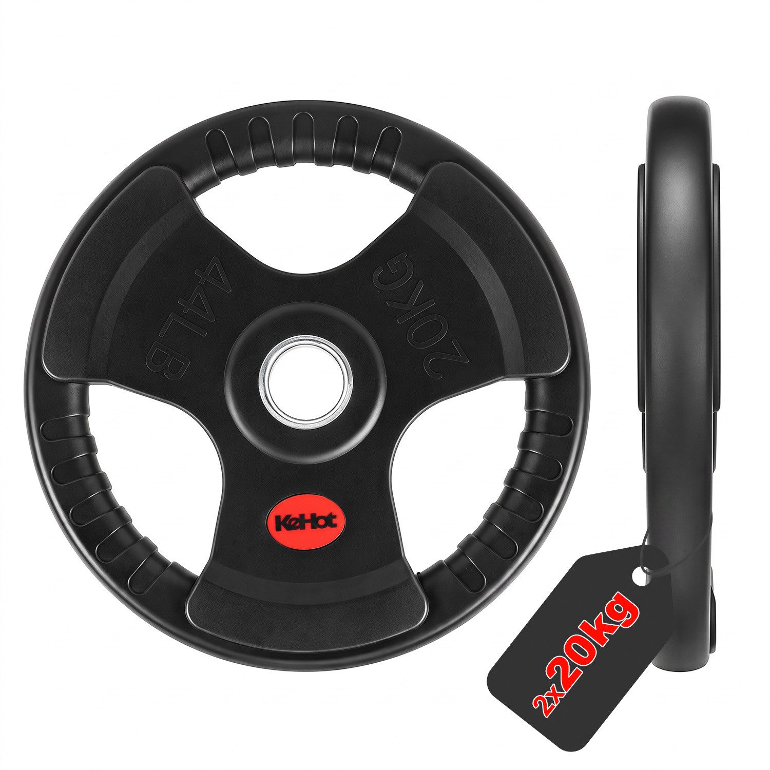 kehot Hantelscheiben Hantelscheiben 50 mm, Tri-Grip Design, Gusseisenkern, PVC-Gummierung, 40 kg, (2 x 20 kg Gewichtsscheiben für Langhanteltraining, 2-tlg., Für schwere Grundübungen und hohe Trainingslasten), Ergonomische Griffe für leichtes Wechseln & s