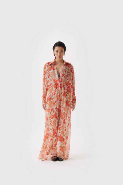 Boscana Maxikleid Sommerkleid aus Seide in Rosa und Rot mit floralen Design
