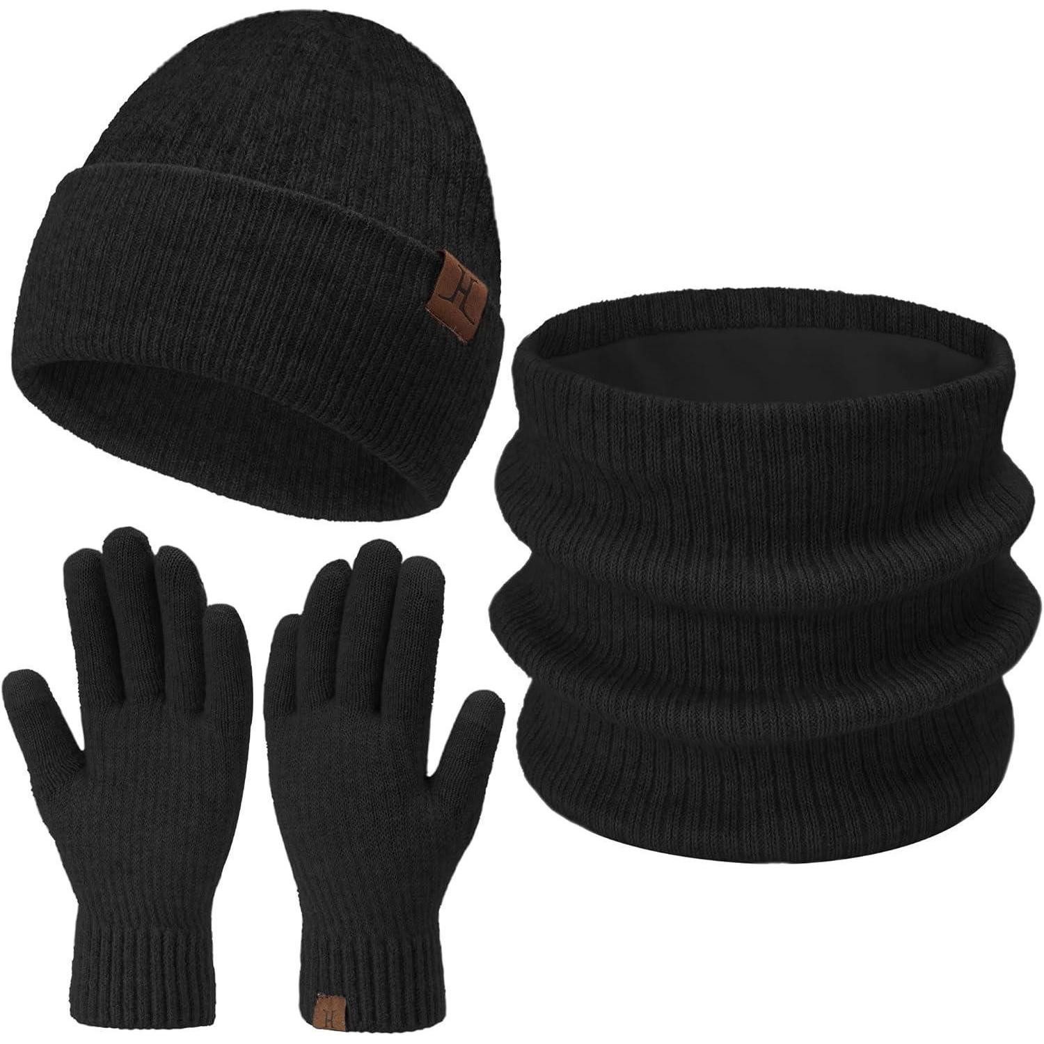 Strickmütze Mütze Beanie Damen Herren Unisex Schal Schlauchschal 3 Stück Schwarz