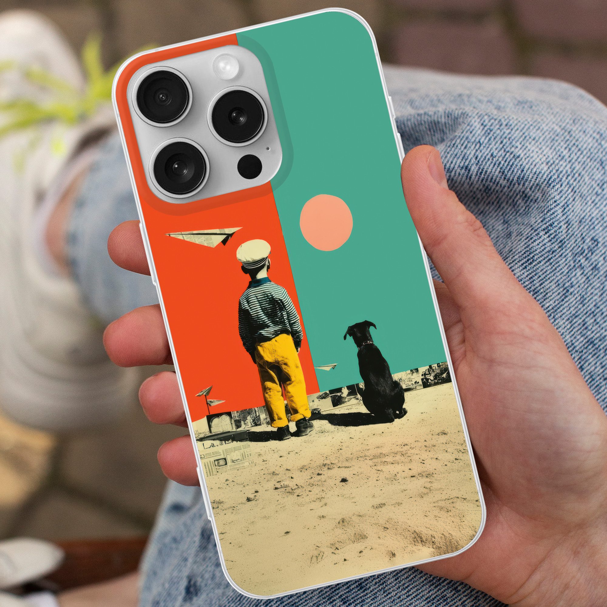 MuchoWow Handyhülle für Apple iPhone 16 Pro Retro - Junge - Hund - Rot - Grün, Smartphone-Bumper, Print, Handy Schutzhülle Dünn
