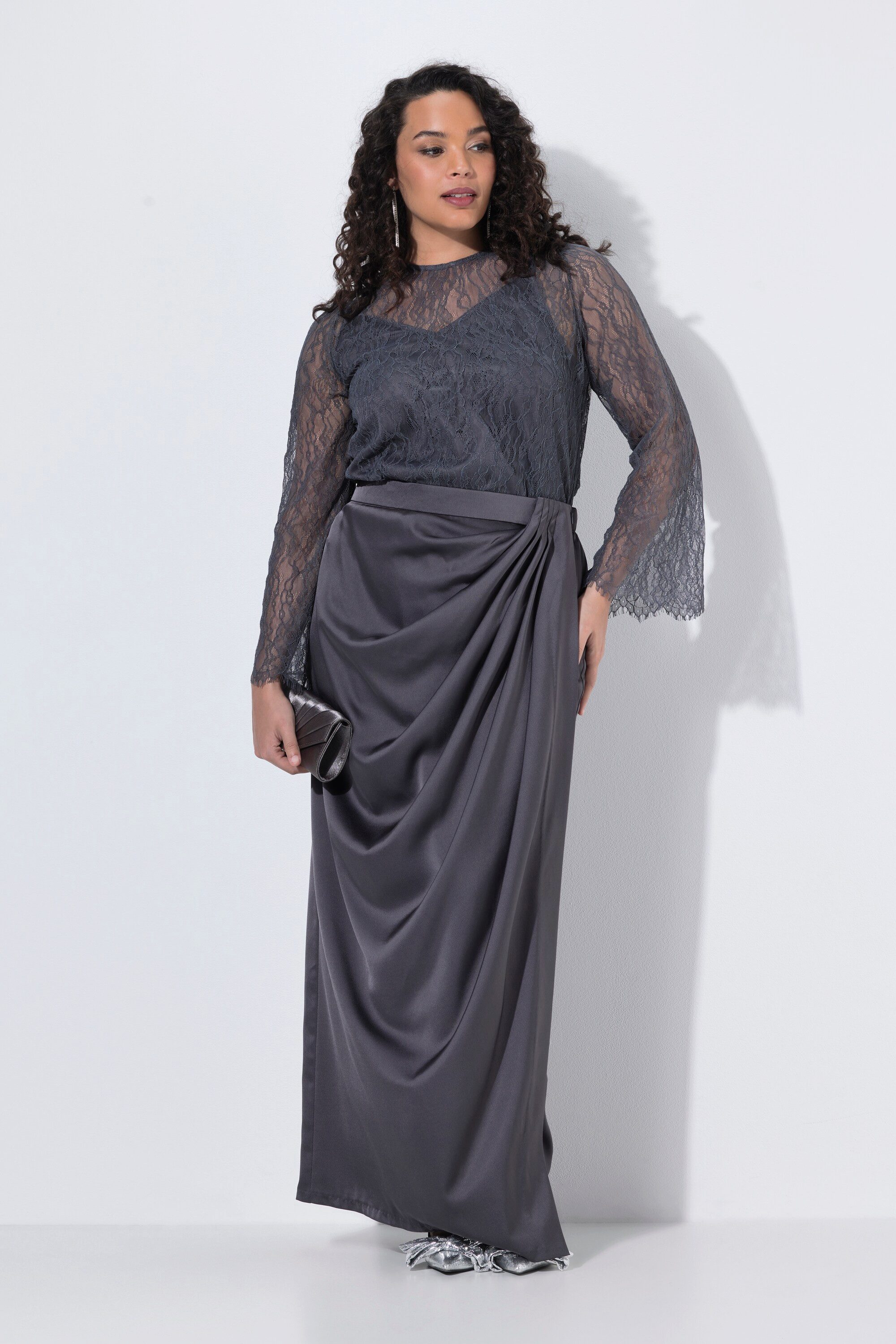 Ulla Popken Maxirock Satin-Maxirock drapiert gerader Schnitt