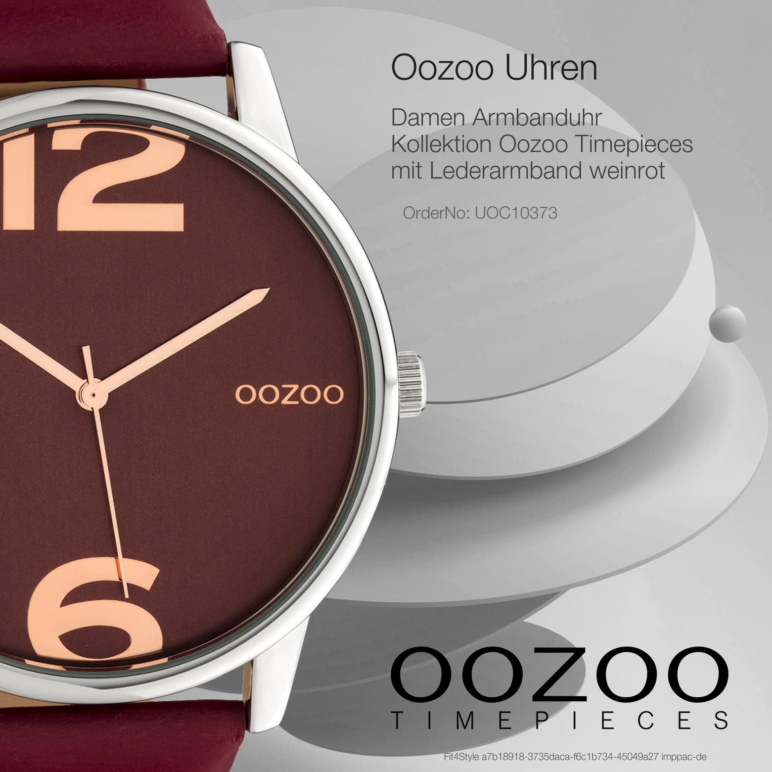 Damen Uhren OOZOO Quarzuhr UOC10373 Oozoo Damen Armbanduhr weinrot Analog, Damenuhr rund, groß (ca. 45mm), Lederarmband, Fashion