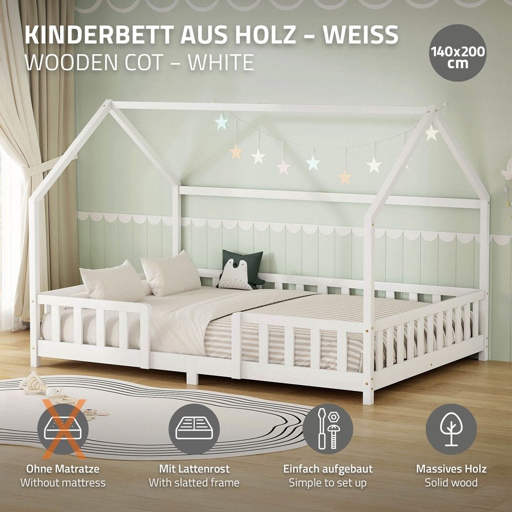 ML-DESIGN Spielbett Hausbett Kinderbett inkl. Lattenrost kreativ Bodenbett für Kinder, Abenteuerbett ohne Matratze 140x200cm Holzbett Weiß Kiefer Bettgestell
