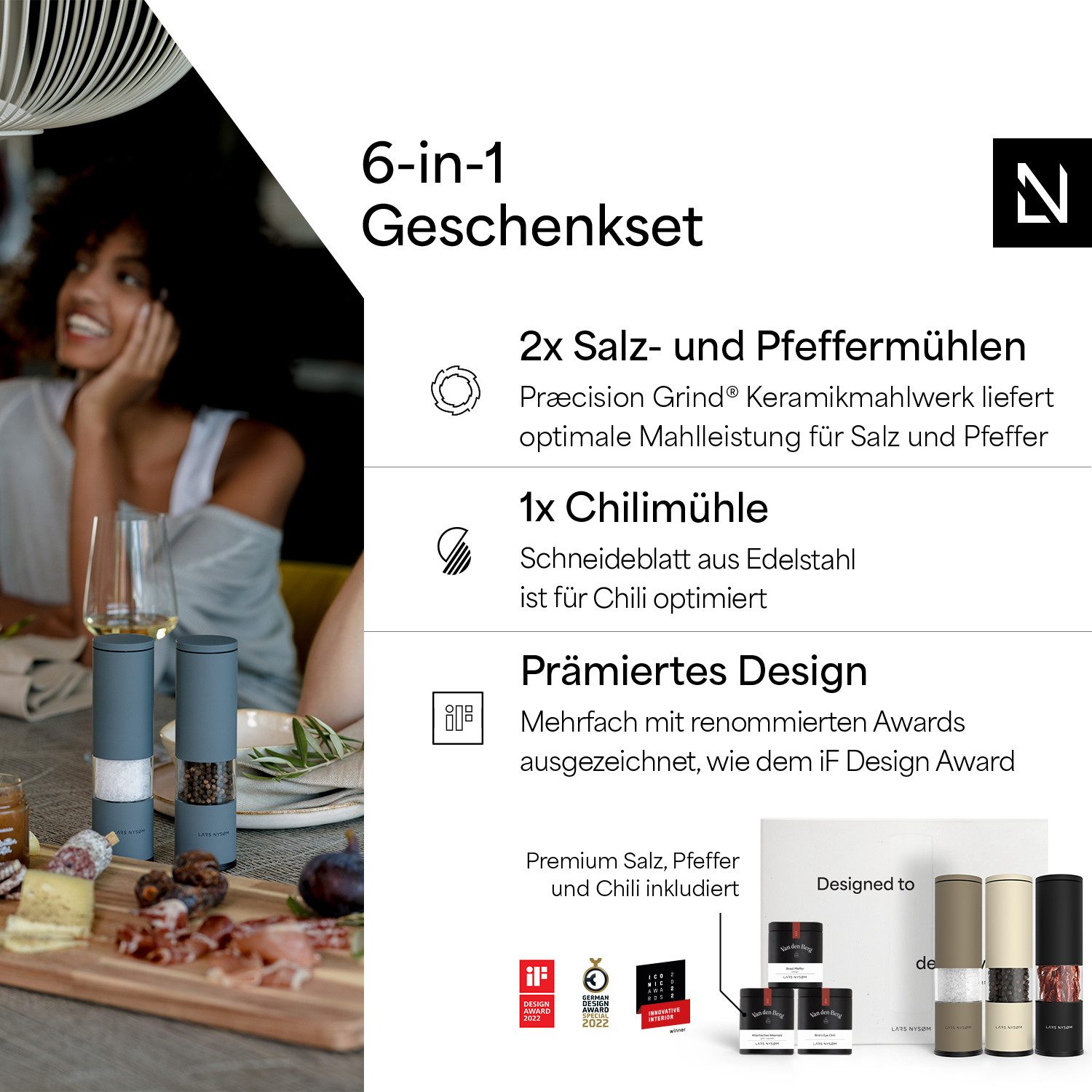 LARS NYSØM Gewürzmühle Lagom manuelle Bedienung, (2 Stück), Hochwertiges Geschenkset mit 3 Mühlen und 3 Gewürzen