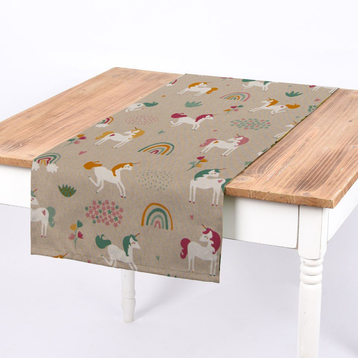 SCHÖNER LEBEN. Tischläufer SCHÖNER LEBEN. Tischläufer Einhörner Regenbogen natur bunt 40x160cm, handmade