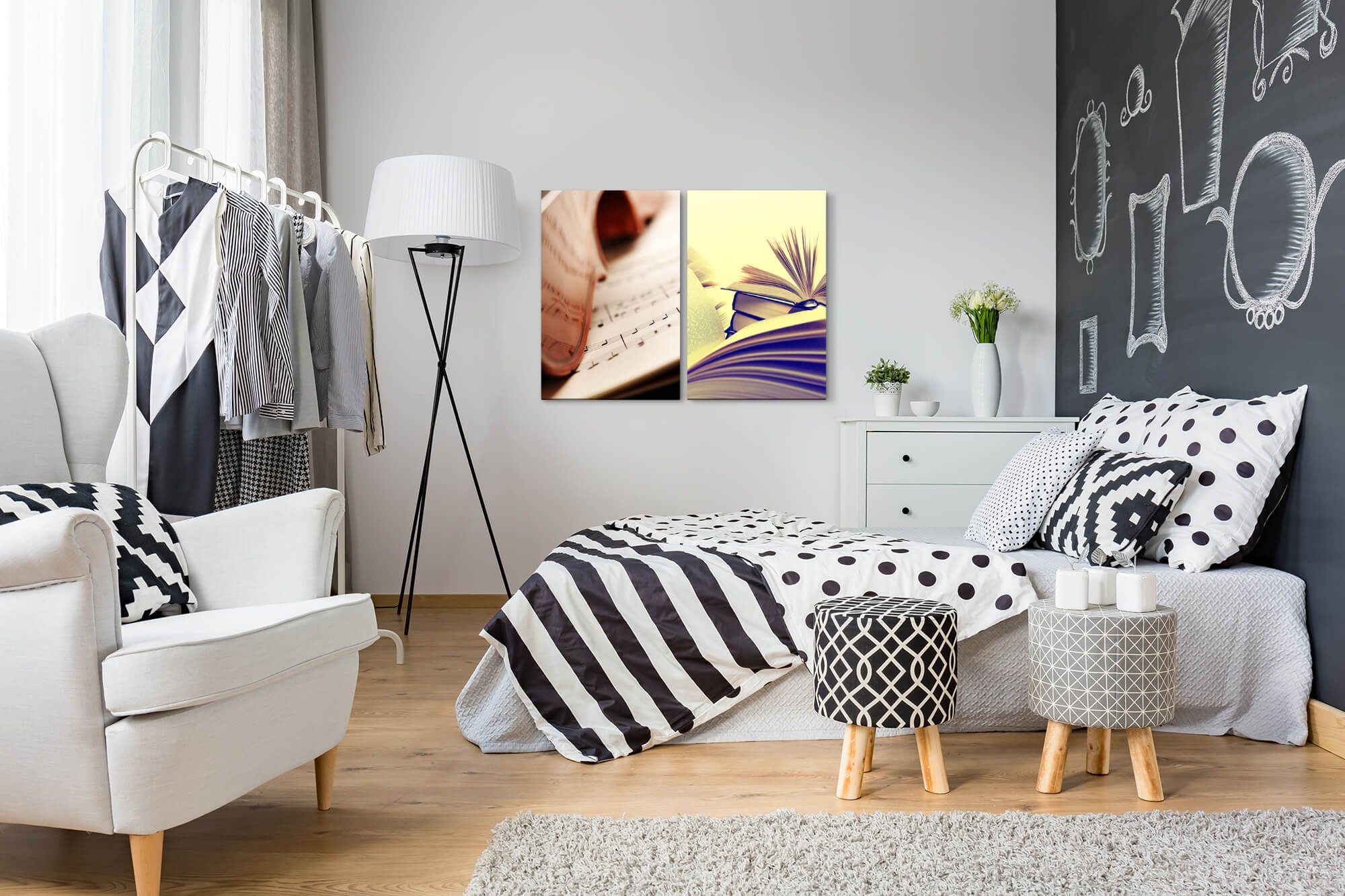 Sinus Art Leinwandbild 2 Bilder je 60x90cm Geige Violine Musiknoten Bücher Klassische Musik Bibliothek