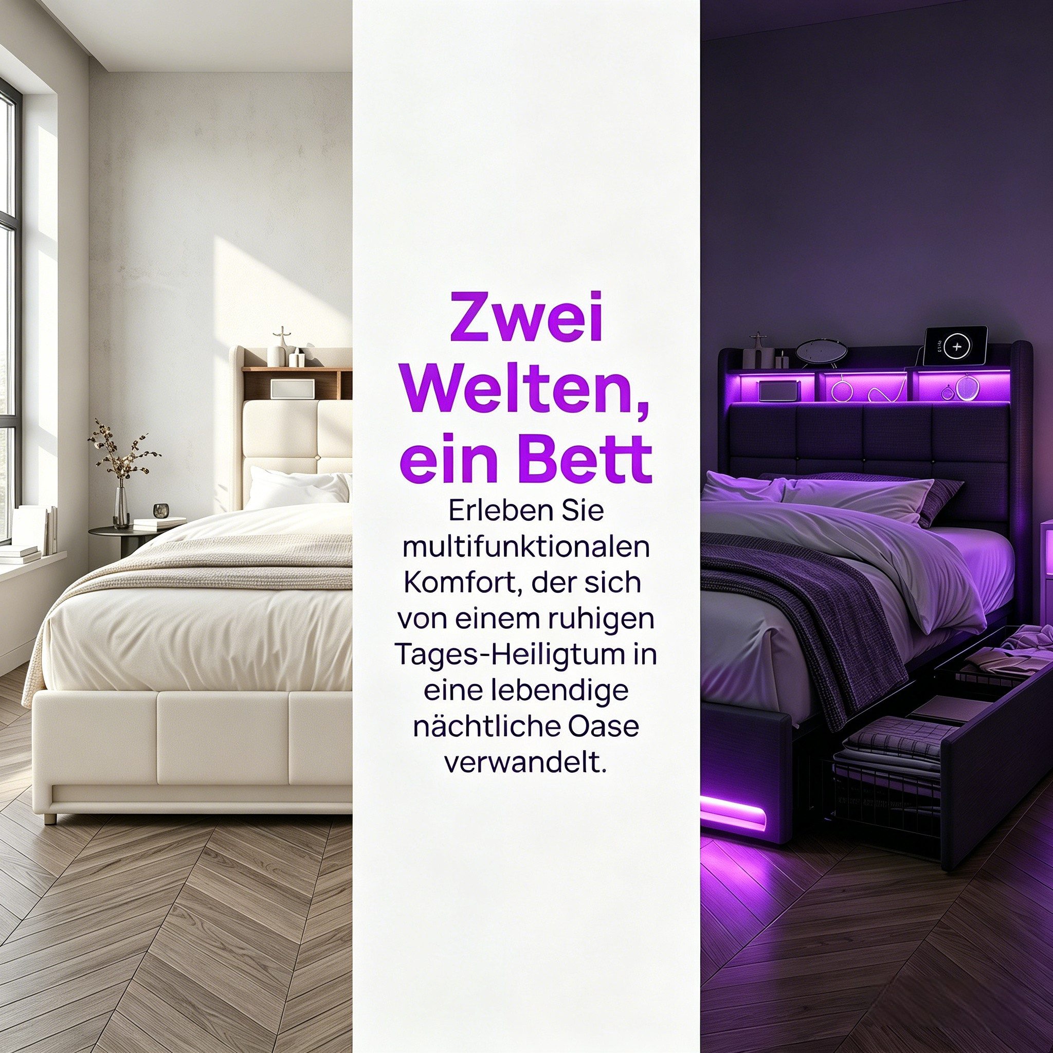PXloue Polsterbett LED Doppelbett Stauraumbett, mit USB-Laden und Stauraum am Kopfteil,Leinen,90x200 cm – Bild 4 von 5