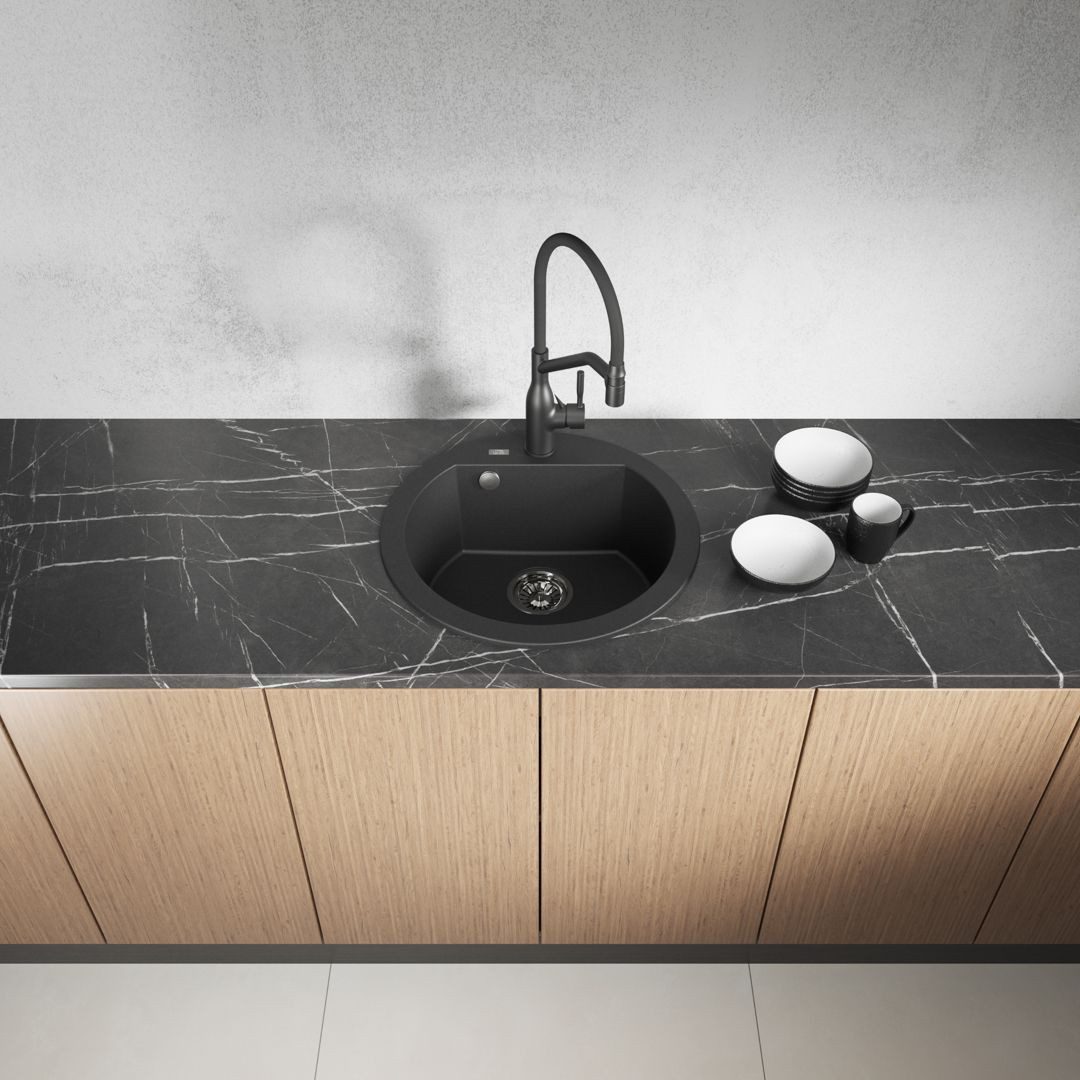 Granitspüle Einbauspüle DAFNE aus Granit (51 cm), 1 Becken, schwarz Küchenspüle, rund, matt, Rundbecken, Einbauspüle, Granitspülen, Küchenausstattung