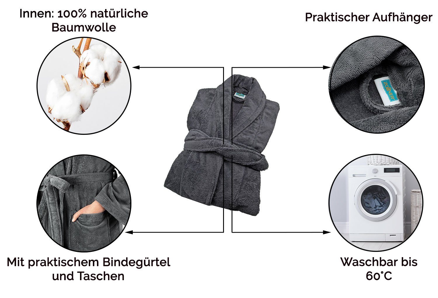 Gürtel, ZOLLNER / Baumwolle, unisex, Unisex-Bademantel, 100% Schalkragen, Baumwolle, 100% verfügbar 100% in Polyester-Velours / S-XXL Schalkragen, 100% graphit Polyester-Velours