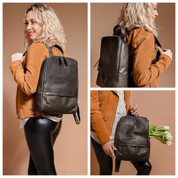 Corno d´Oro Cityrucksack Handmade Rucksack Damen Echt Leder Vintage Schwarz, Elegant, für 14 Zoll Laptop geeignet