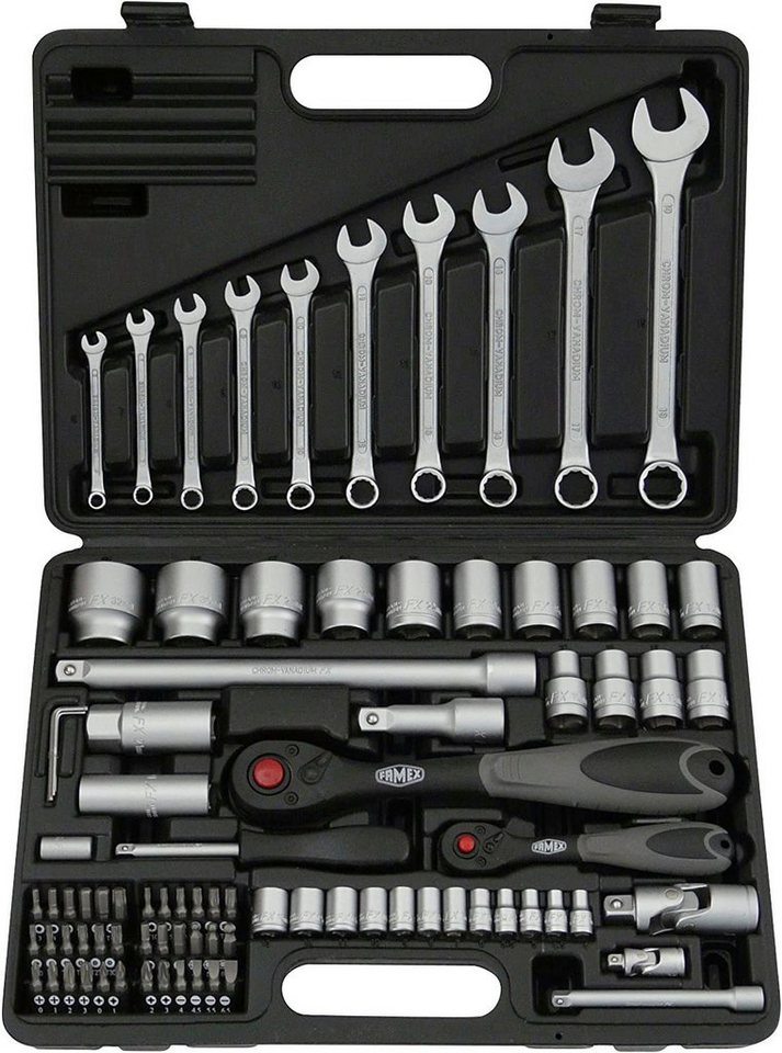 FAMEX Werkzeugset 723-47, 170-tlg., Mechaniker Werkzeugkoffer mit Werkzeug,  Stabiler Werkzeugkoffer mit verschraubten Aluprofilen - mit zwei Paletten