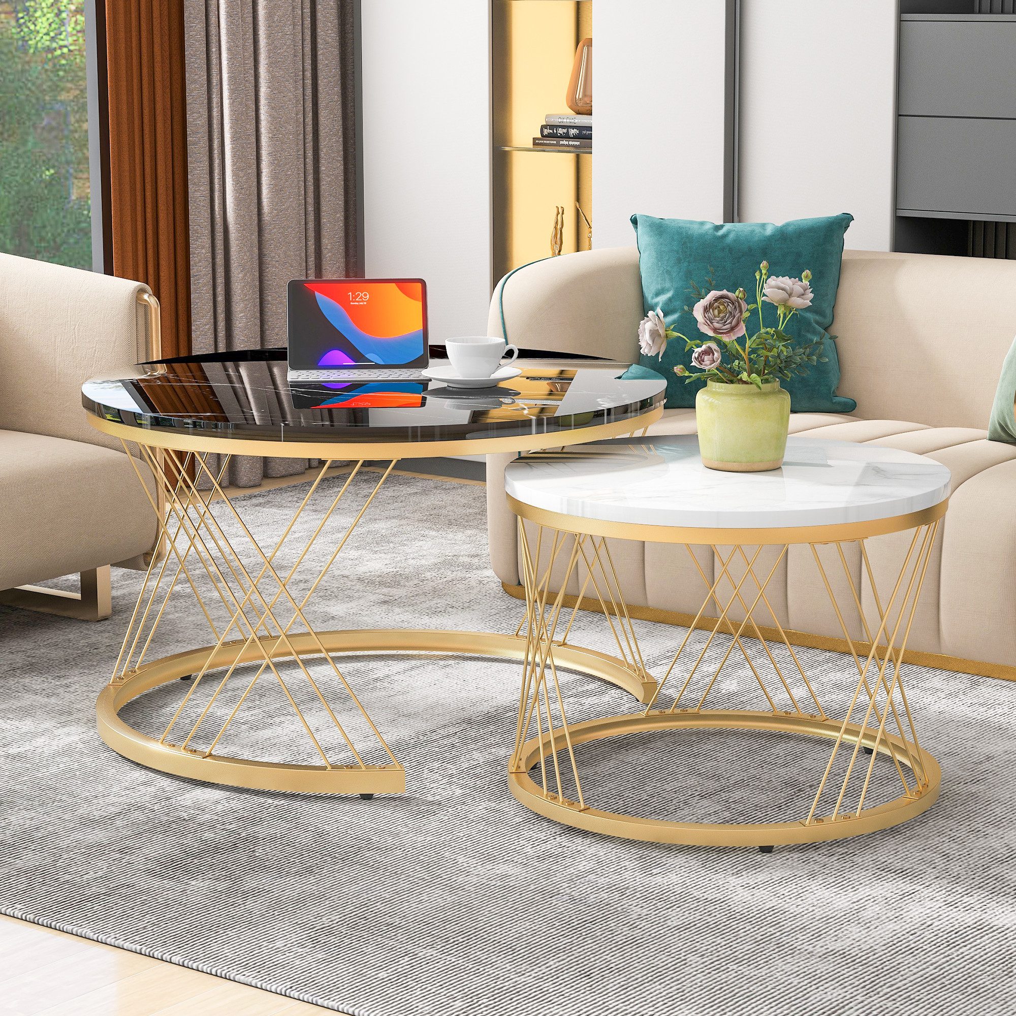 Odikalo Couchtisch Teetisch Kaffeetisch Marmoroptik Nest Rund Golden Frame günstig online kaufen