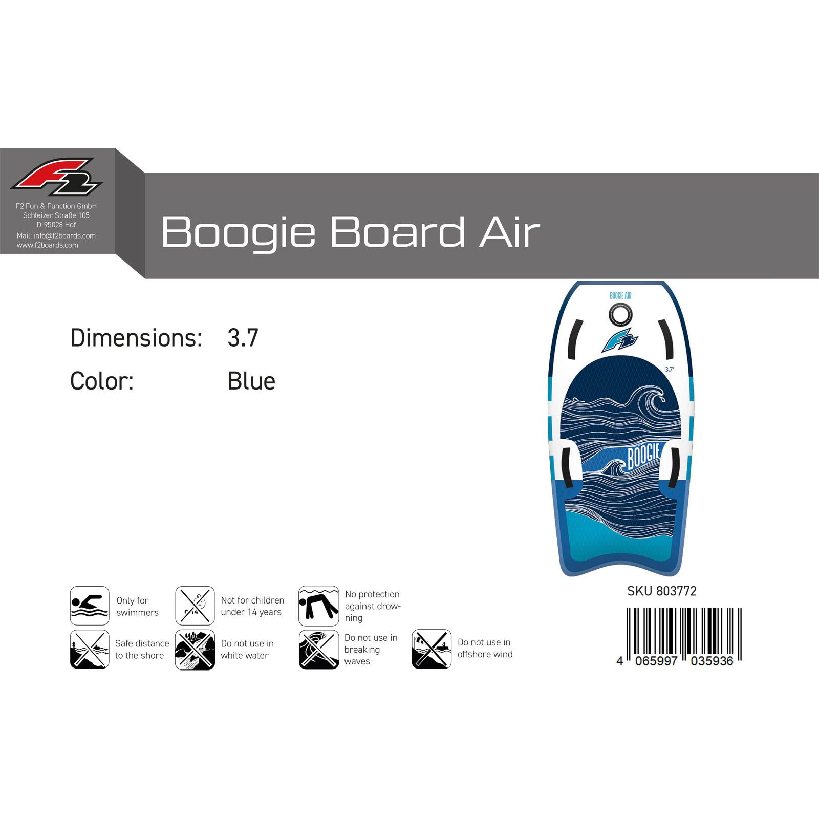 F2 Wellenreiter F2 Inflatable Body Board Boogie Board Air 3,7 Blau