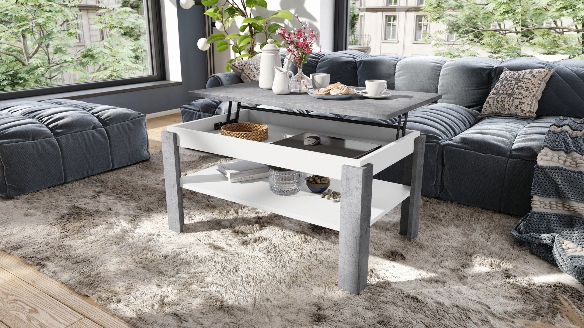 höhenverstellbar Tisch 55 designimpex 67cm Couchtisch Design Weiß Couchtisch Beton - / Esstisch Asti-P matt
