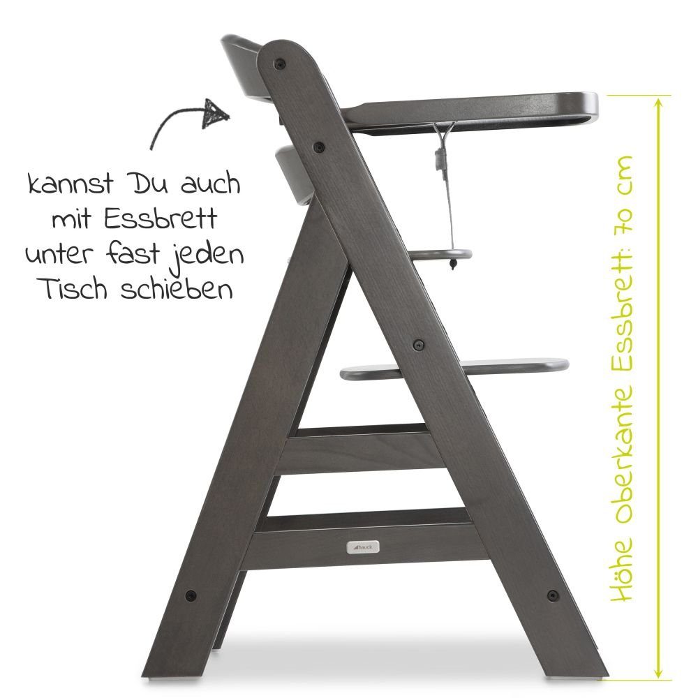Hauck Hochstuhl Alpha Plus Sitzkissen verstellbar, Holz Essbrett, mitwachsend Kinderhochstuhl Charcoal, mit