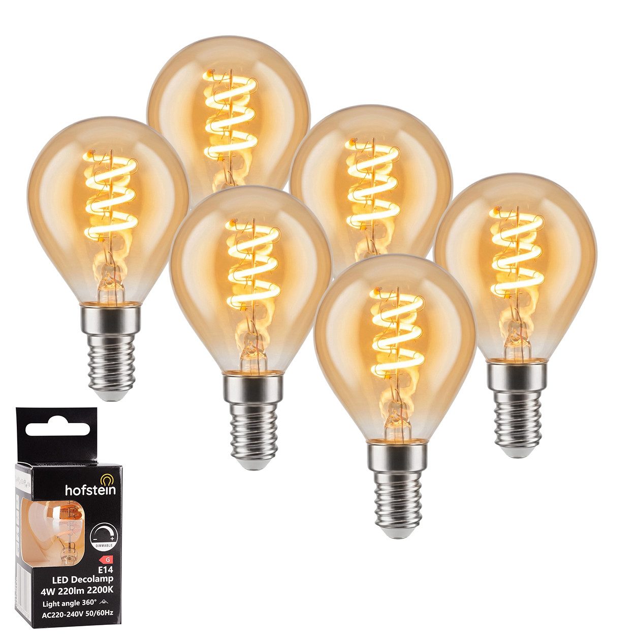 hofstein LED-Leuchtmittel 6er Set Glühbirne Extra Warmweiß dimmbar 4 Watt, E14, 2200 Kelvin, 220 Lumen, Kerze, Filament Spirale, Amber