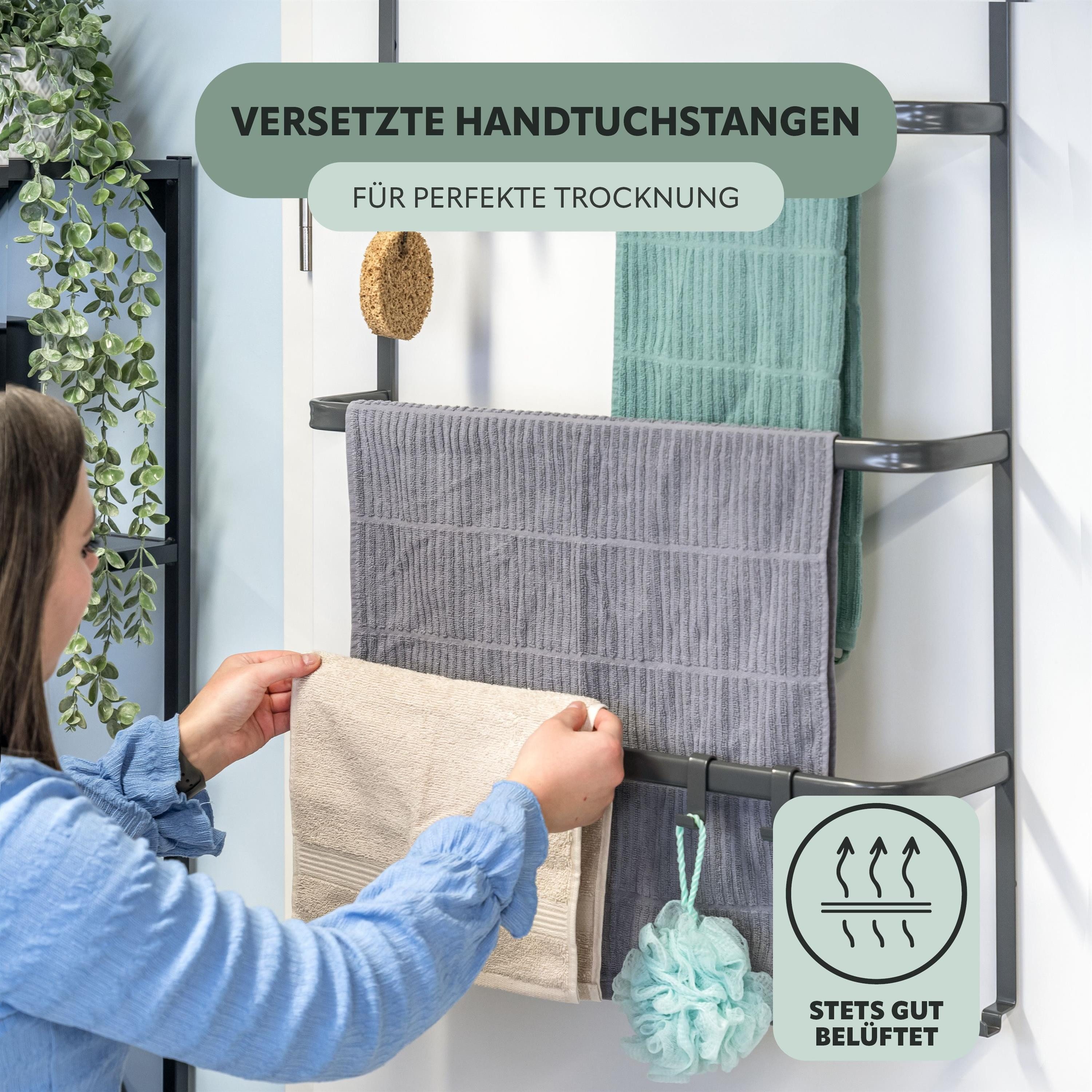 bremermann Handtuchhalter Tür-Hängeregal aus Metall, 3 Handtuchstangen und 4 Haken