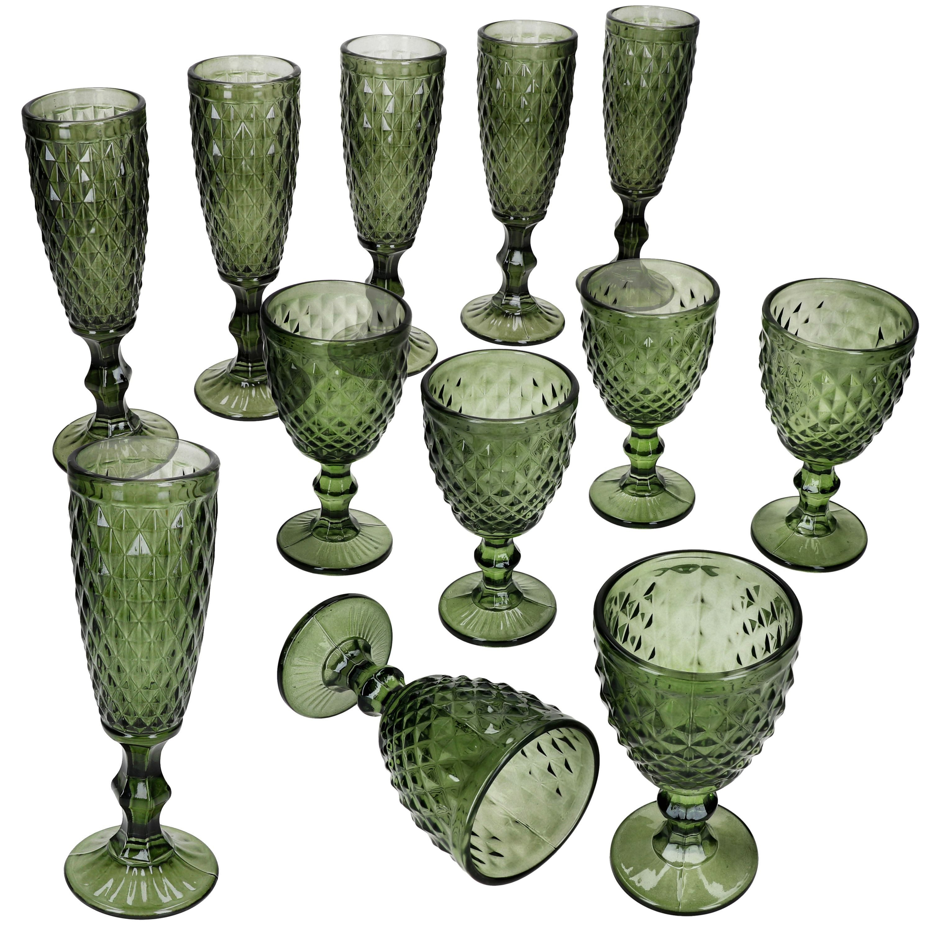 MamboCat Sektglas Diamond 12-tlg. Gläser-Set Weingläser Sektgläser Grün Weißwein, Glas