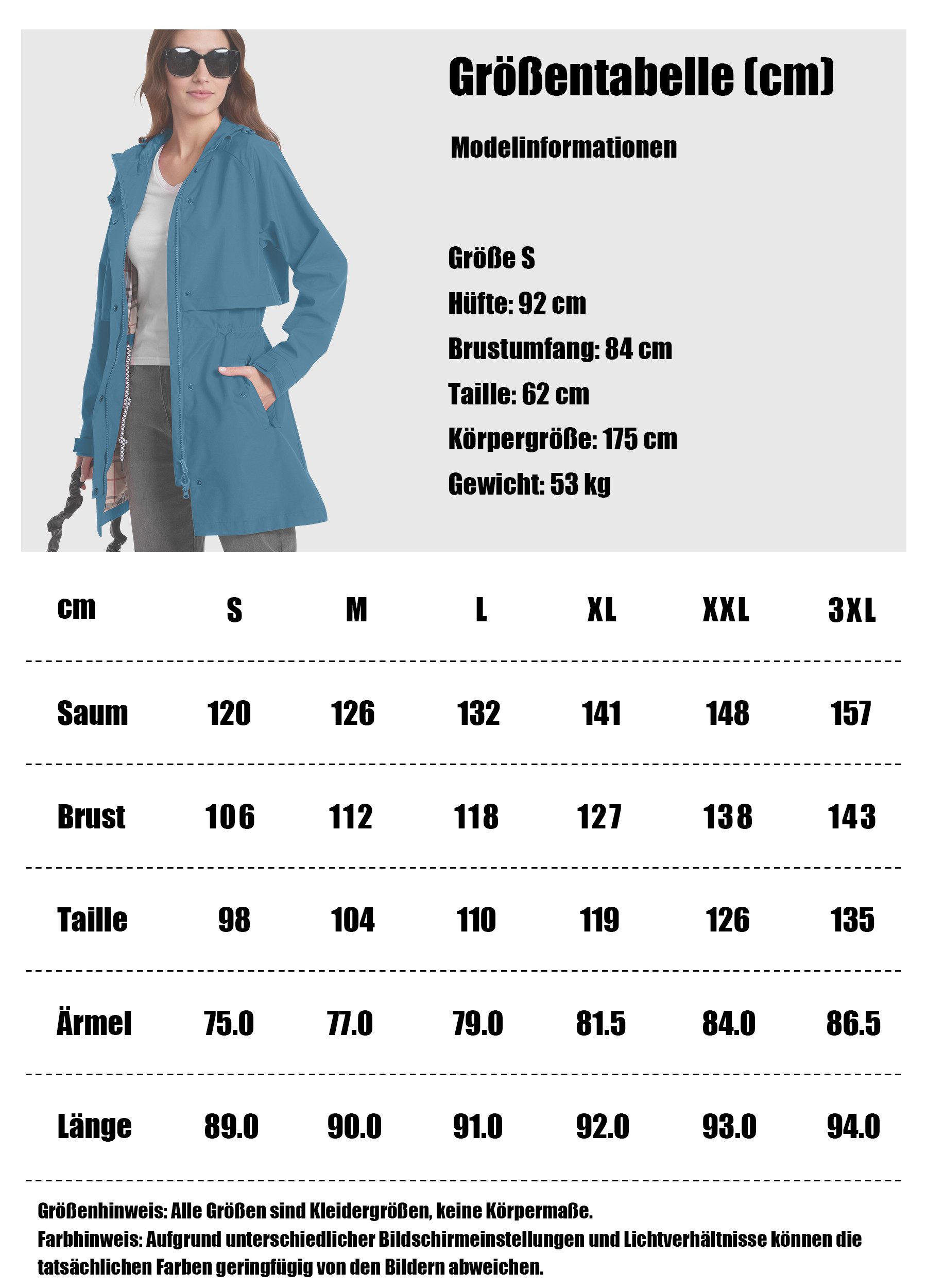 ATLASLAVA Regenjacke Damen Regenmantel Wasserdicht Kapuze Women Rain Jacke (1-St) Übergangsjacke Outdoor Frühling Sommer Herbst