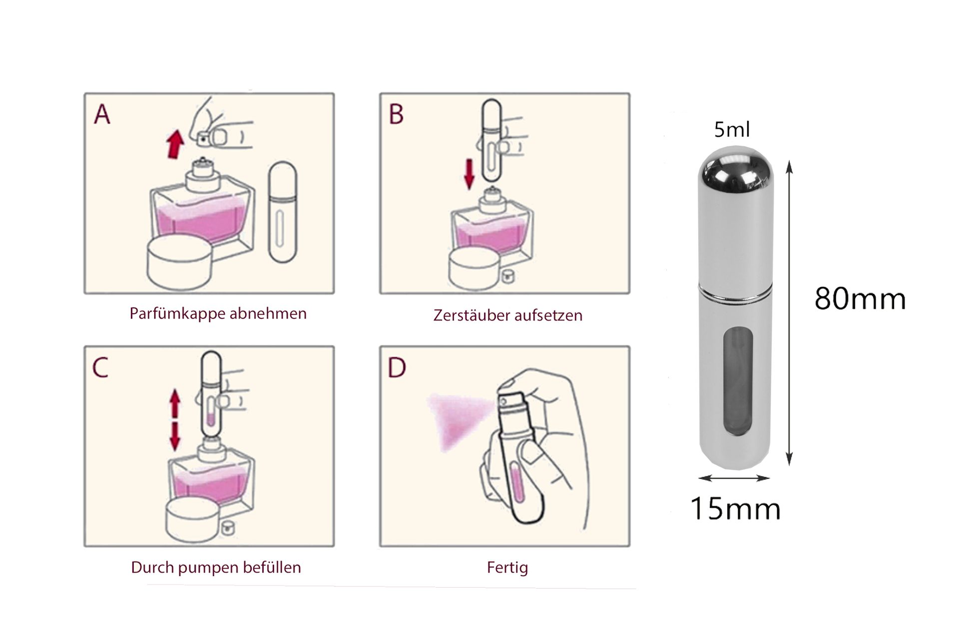 Fantasia Beauty Parfümzerstäuber Taschenzerstäuber, silber glänzend, für 5 ml, mit Füllautomatik (1 St), Füllautomatik, Sichtfenster, Aluminium