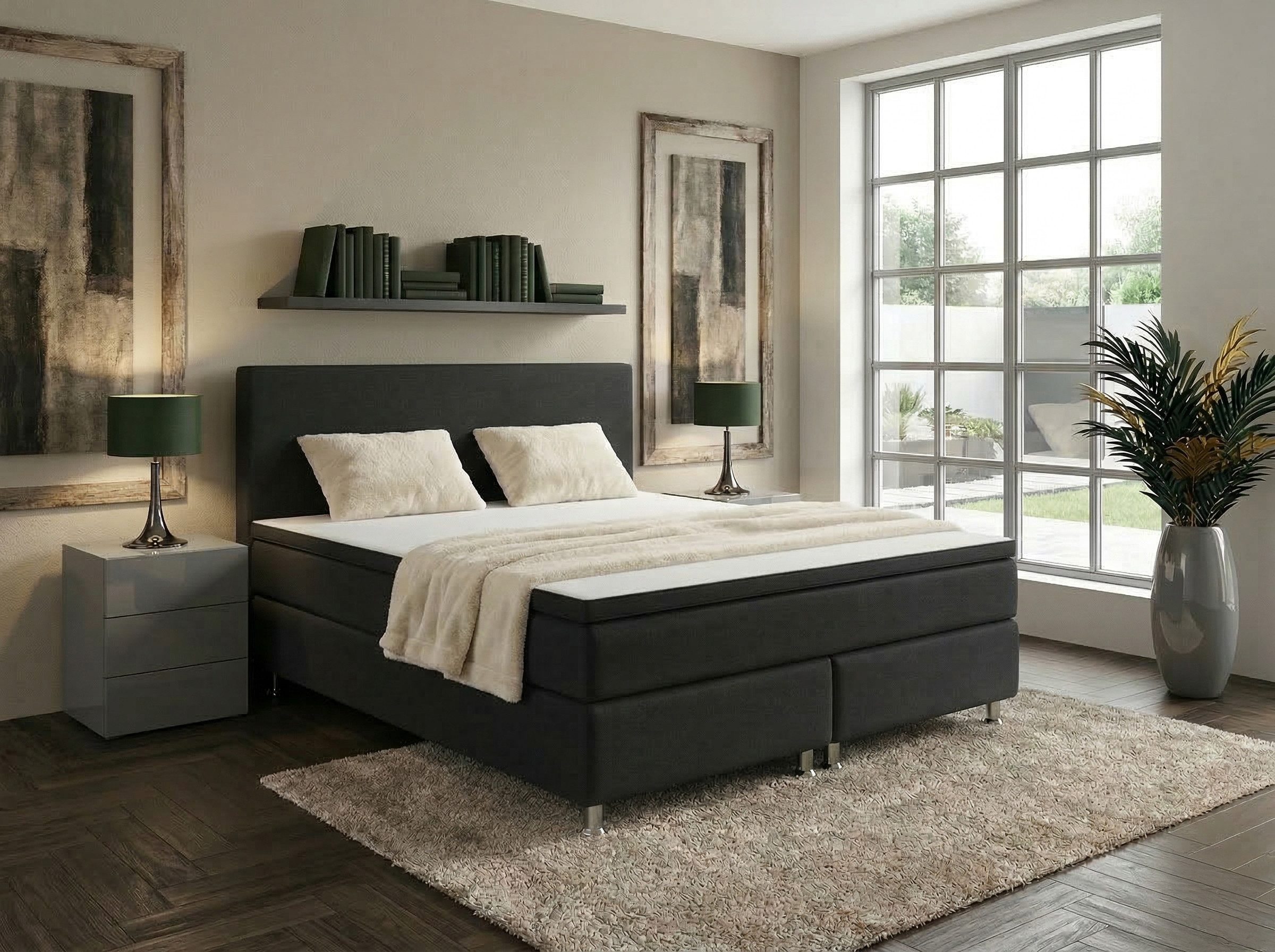 M-Punkt24 Boxspringbett MILANO (Grau / Anthrazit, mit 7 Zonen Taschenfederkern-Matratze, inkl. Topper), SOFORT LIEFERBAR