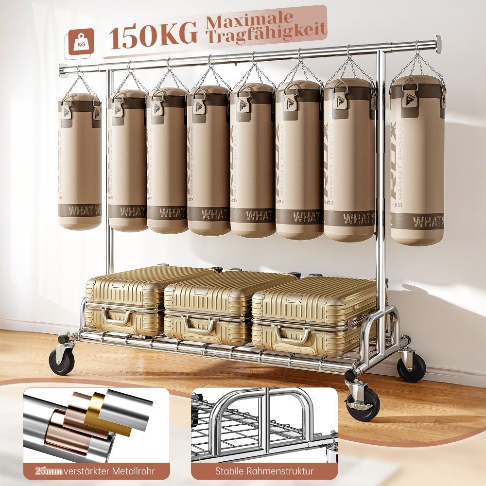 Klyvvo Kleiderständer auf Rollen, Ausziehbare Schwerlast Kleiderständer Stabil mit Rollen, (1 St), Kleiderstange aus Metall für Kleider, Pullover, Mäntel, Clothes Rack