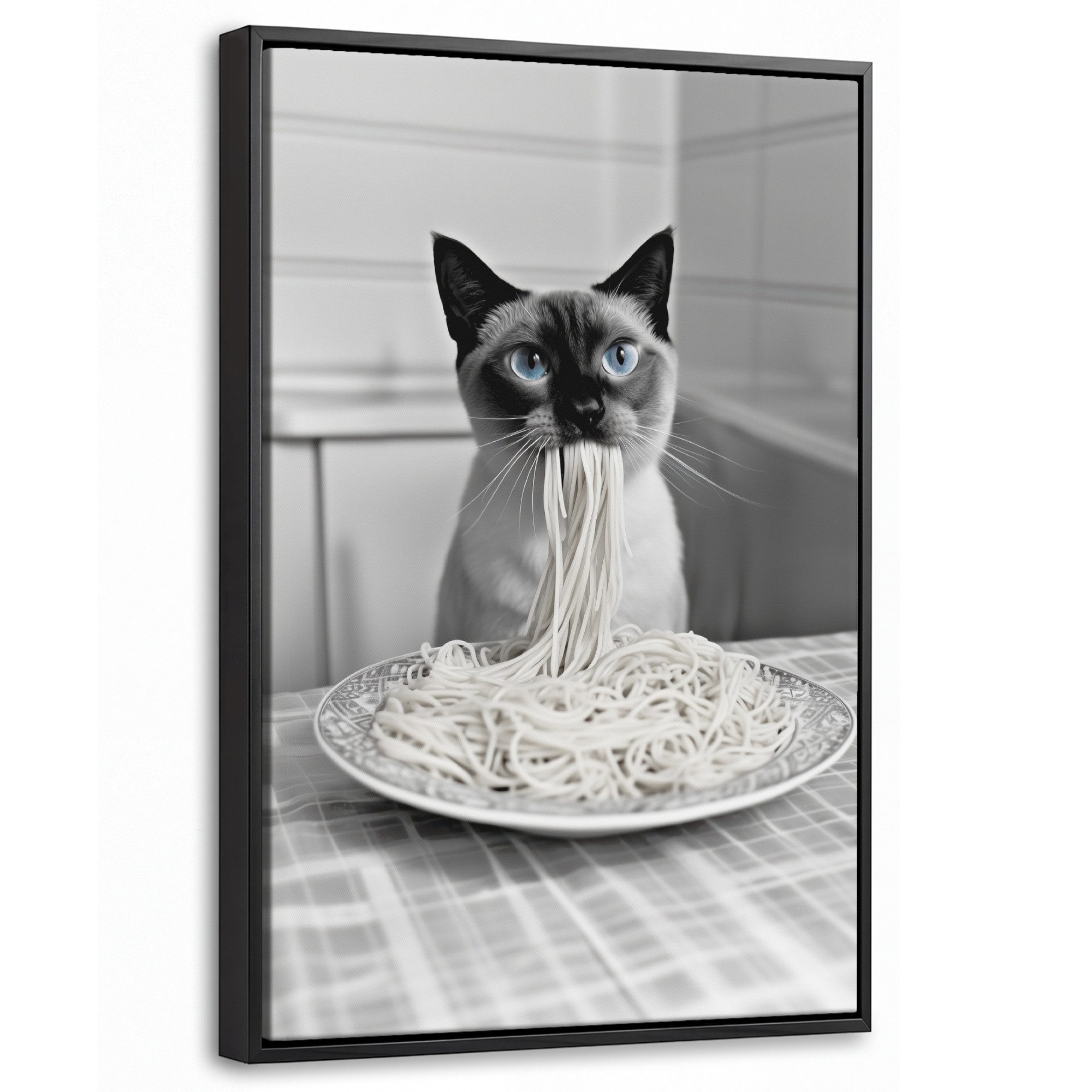 OneMillionCanvasses® Leinwandbild mit Rahmen - Katze - Siamese - Schwarz und weiß - Niedlich - Tiere, Fotodruck (1 St), Deko für Wohnzimmer Schlafzimmer Küchen 40x60cm