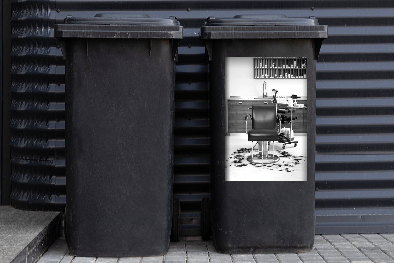 Ein abgeschnittenem (1 Mülltonne, St), MuchoWow Friseurstuhl Container, - weiß mit leerer und Sticker, Abfalbehälter Haar Mülleimer-aufkleber, Wandsticker schwarz
