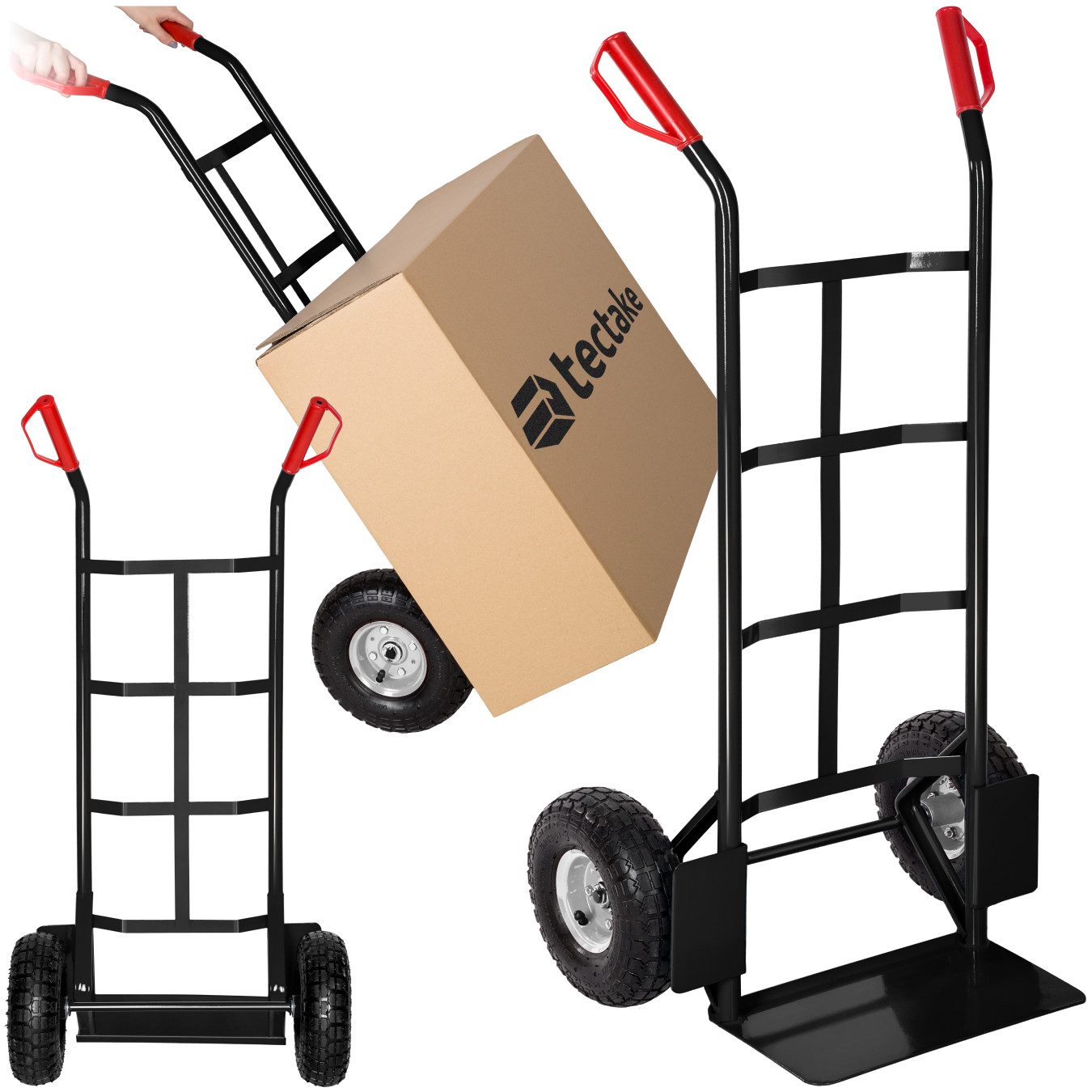 tectake Sackkarre Transportroller mit Stahlrahmen und Luftbereifung, 200 kg belastbar, (Rollwagen, in schwarz), mit Ladeschaufel samt Radschutz, Sicherheitsgriffe aus Kunststoff