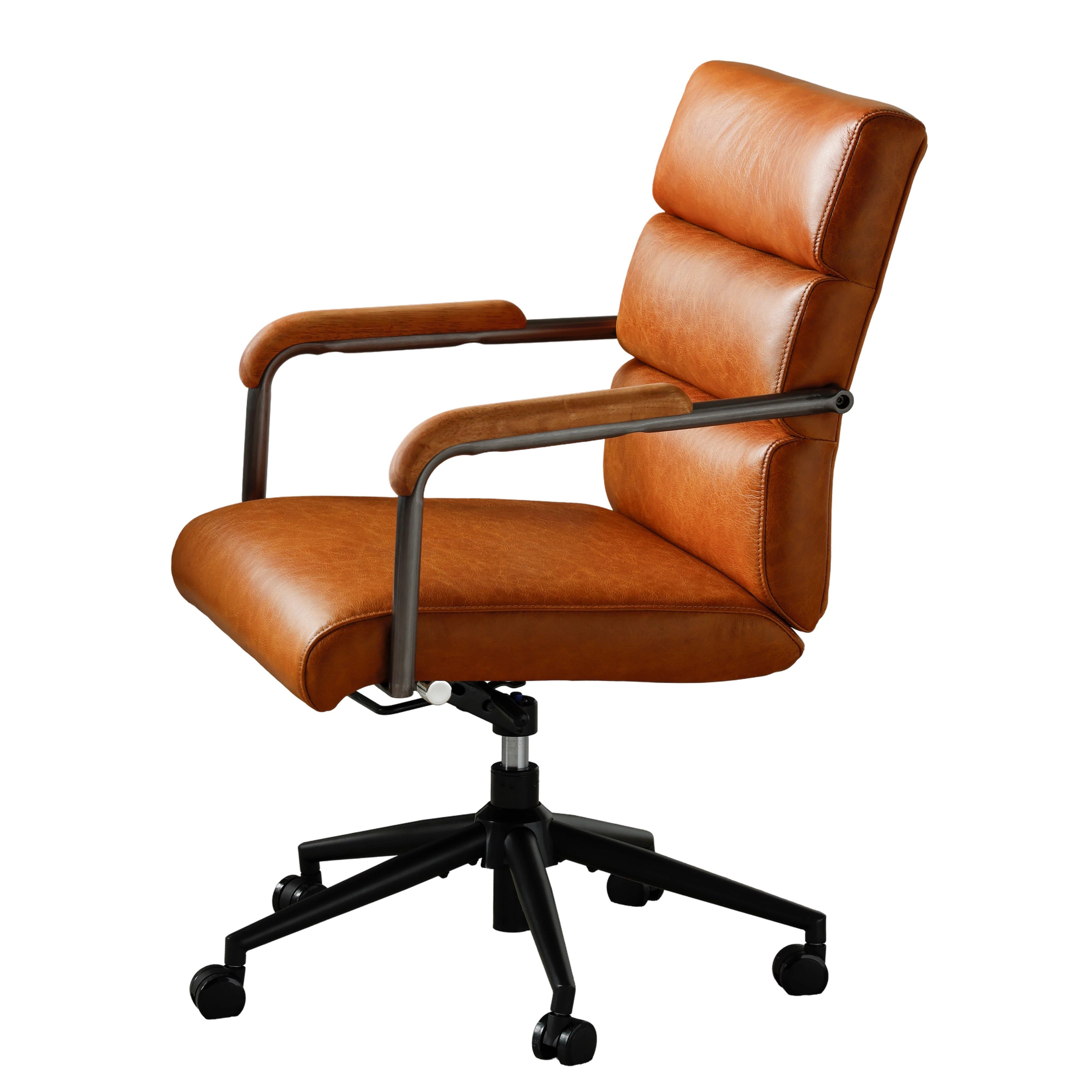 SeedWave Bürostuhl Lederbezug Chefsessel mit Holz-Armlehnen, Drehstuhl mit Wippfunktion, Industrial-Stil, bis 136kg belastbar, mit leisen Rollen