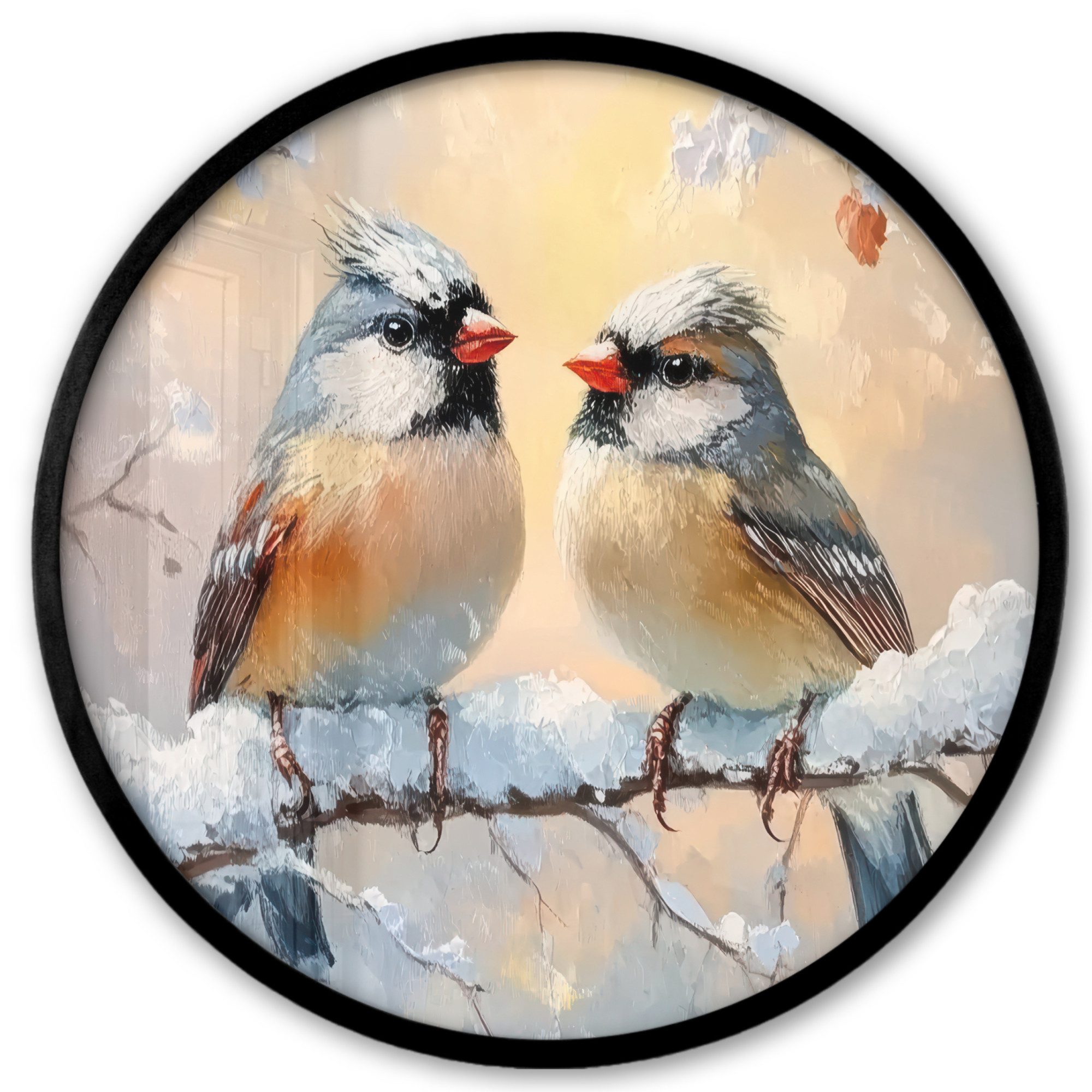 MuchoWow Плакат Rund - Vögel - Zweig - Winter - Schnee, (1 St), Runde Wandbilder, Deko für Wohnzimmer und Schlafzimmer, 40x40 cm