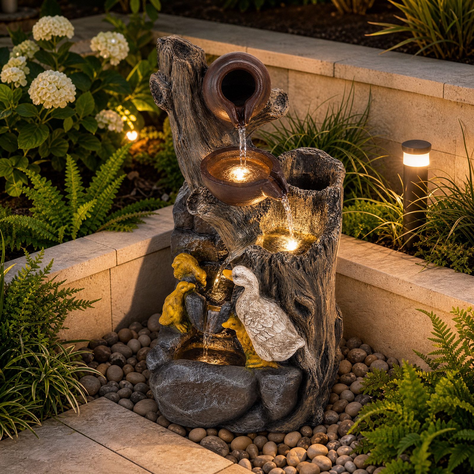 KOMFOTTEU Zimmerbrunnen 4-stufiger Springbrunnen mit LED-Licht & Pumpe, dekorativer Zierbrunnen, 30 x 27 x 57 cm