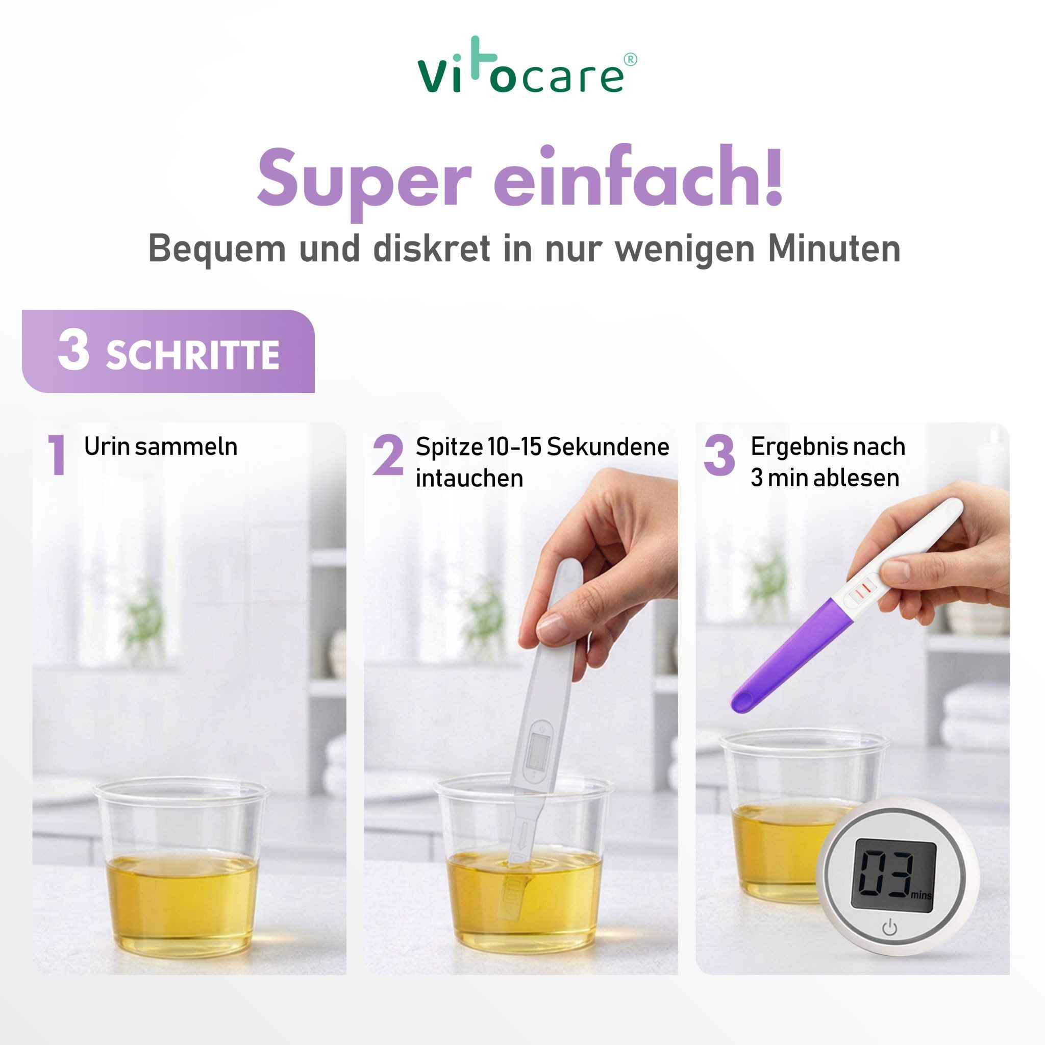 Vitocare Schwangerschaftstest Schwangerschaftstest Frühtest hCG, 5er f. Zuhause, 5-tlg., Ergebnis in nur 3 min.