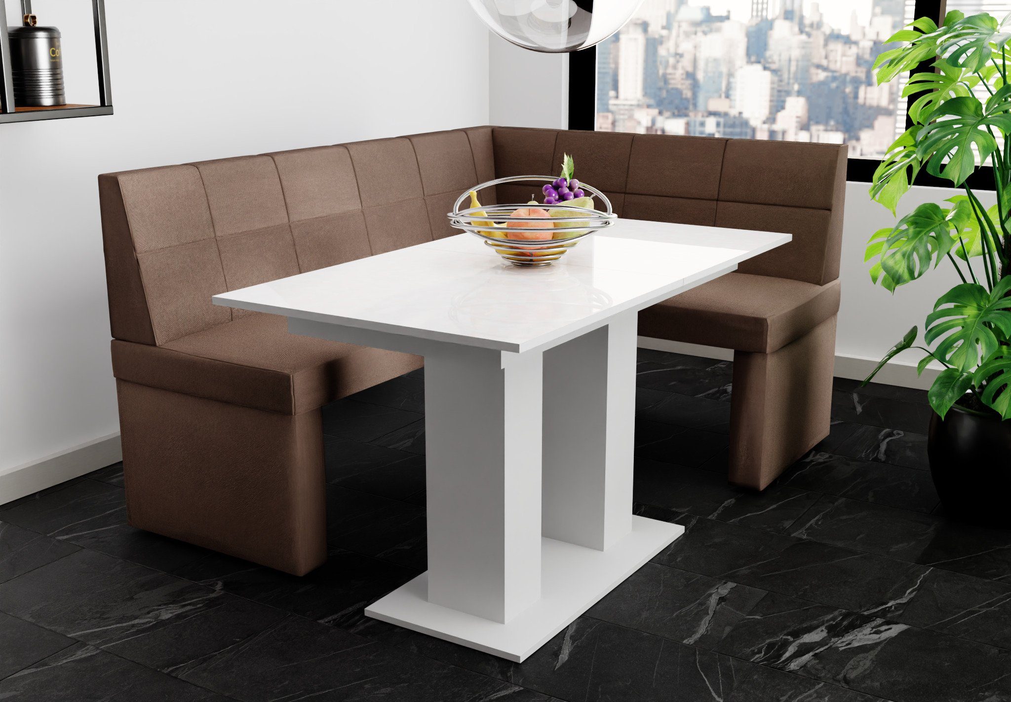 Tisch Eckbankgruppe Hochglanz, Fun ausziehbarer Eckbankgruppe 196x142cm Größe mit XL“ Weiß Möbel „BLAKE Tisch