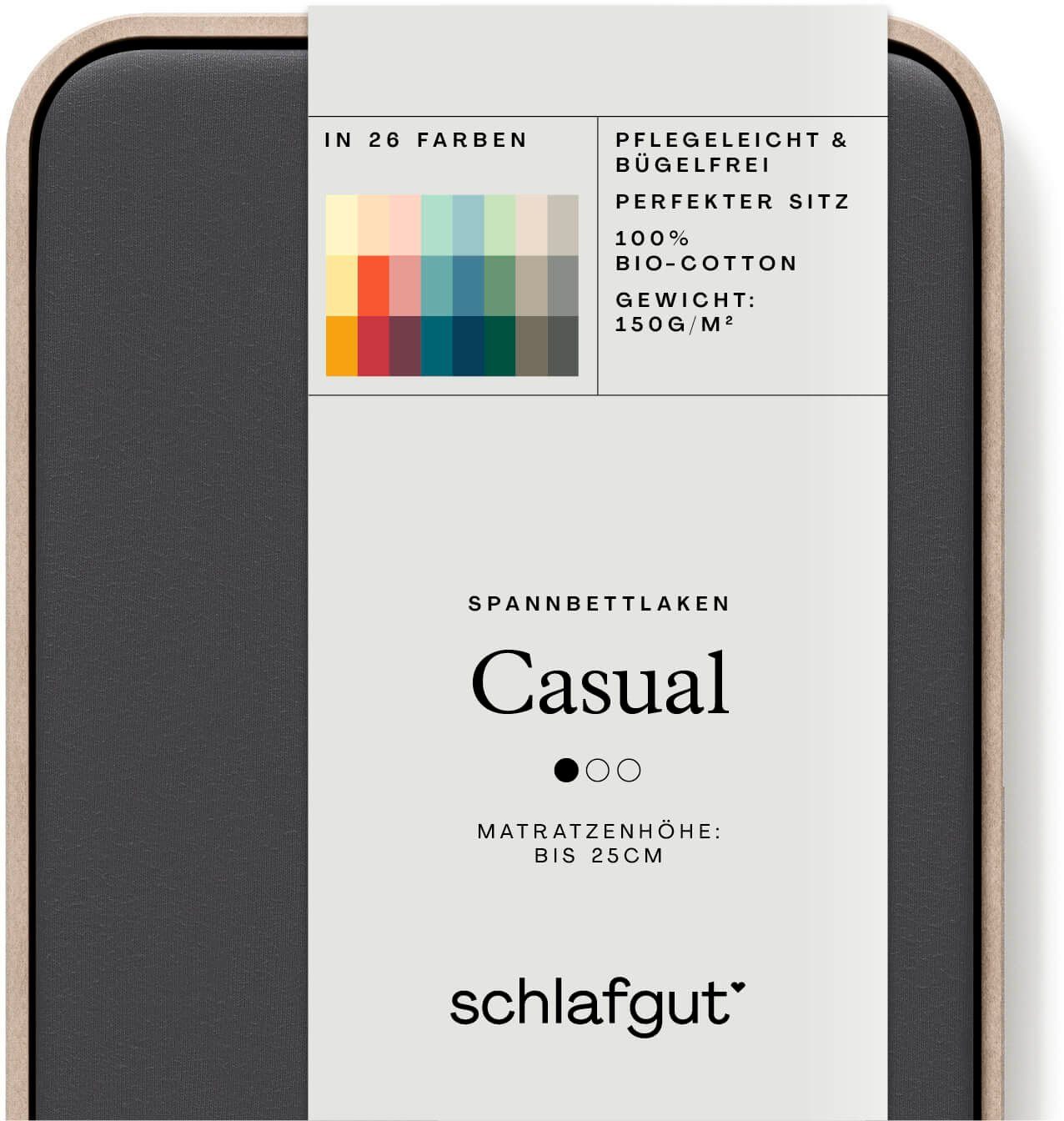 Schlafgut Spannbettlaken CASUAL Bettlaken 100% gekämmte Bio-Baumwolle, 150 g/m², Spannbetttuch, Jersey, Gummizug: rundum, (1 Stück), Bettlaken bis 25 cm Höhe, langlebig, weich, Antipilling-Ausrüstung