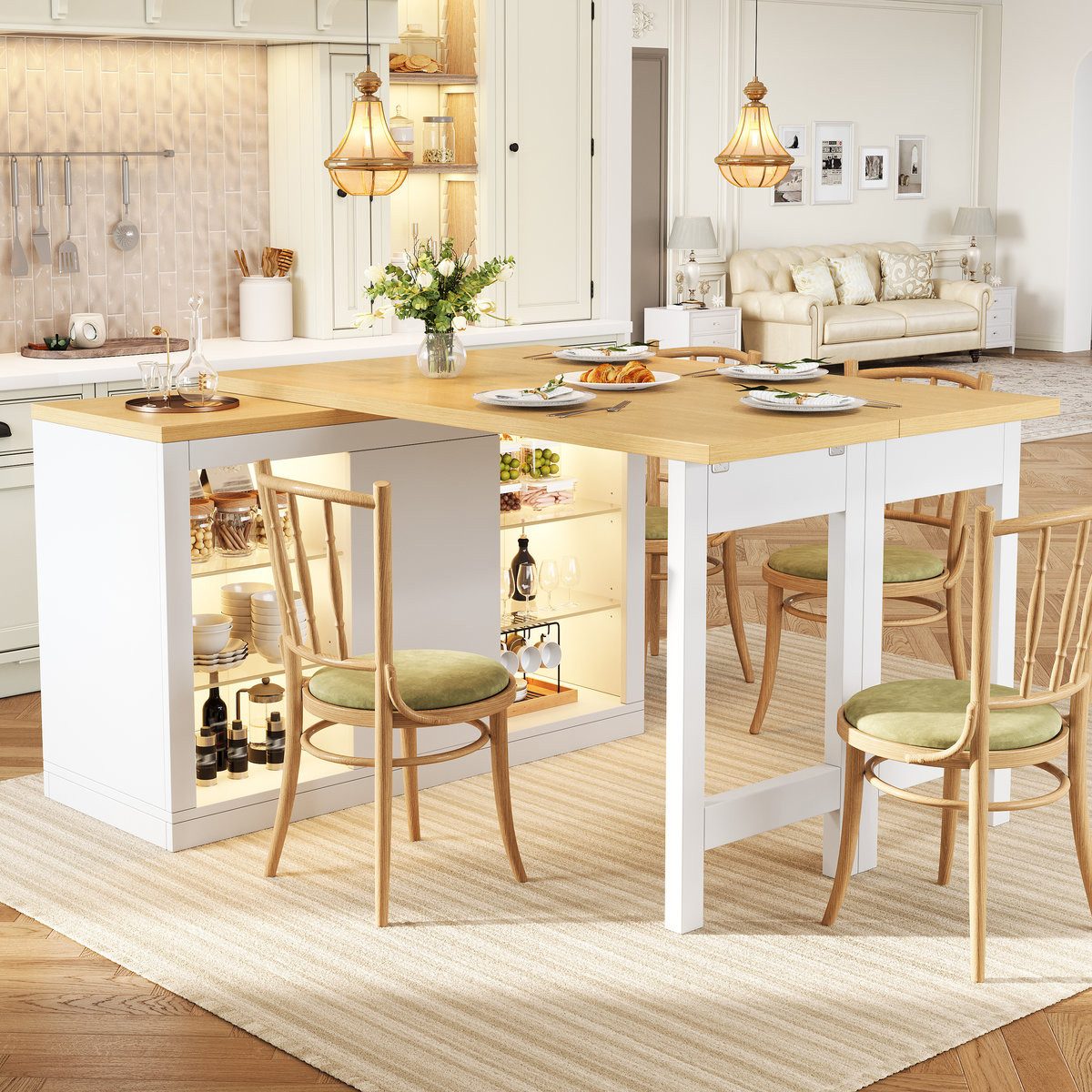 Odikalo Kücheninsel mit Ausziehbarer Esstisch LED und Glas-Einlegeböden, (120-197cm, 360° drehbar, mit magnetischen Türen, belastbar bis 60kg)