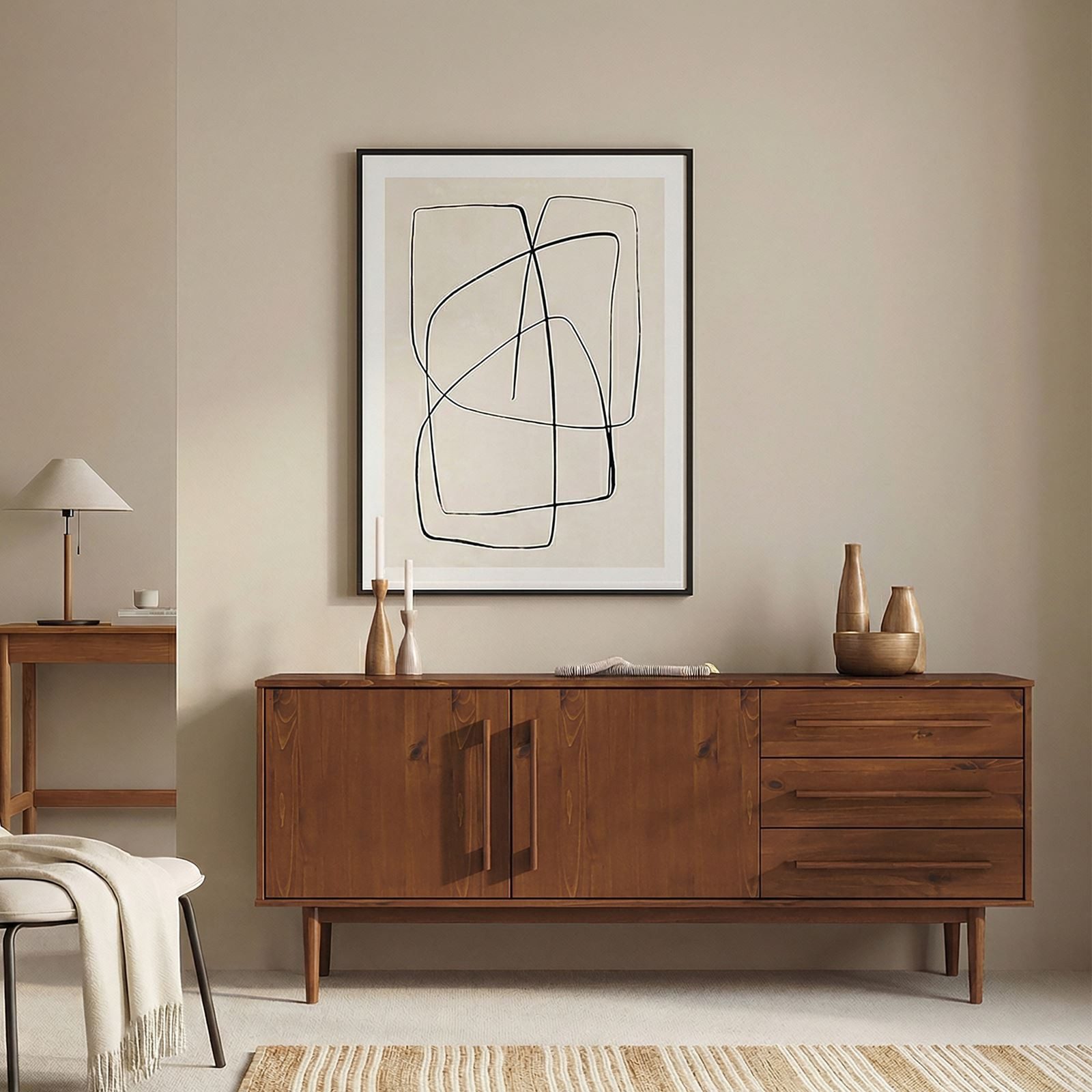 IDIMEX Sideboard TECCA, Wohnzimmer Kommode mit Türen 3 Schubladen Massivholz kastanie farben