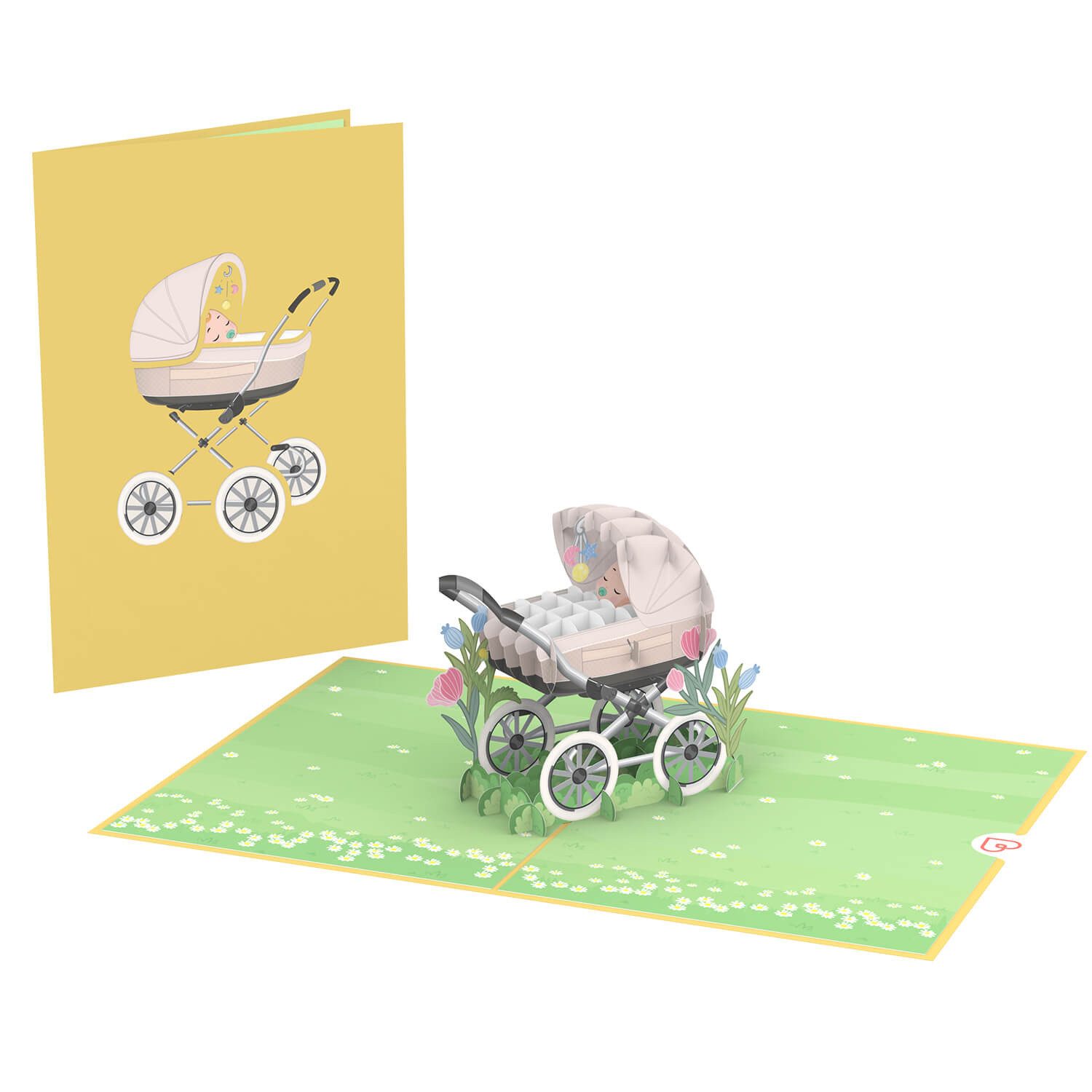 papercrush Geburtskarte Kinderwagen mit Baby, Pop-Up Karte zur Geburt von Mädchen oder Jungen, Handgemacht