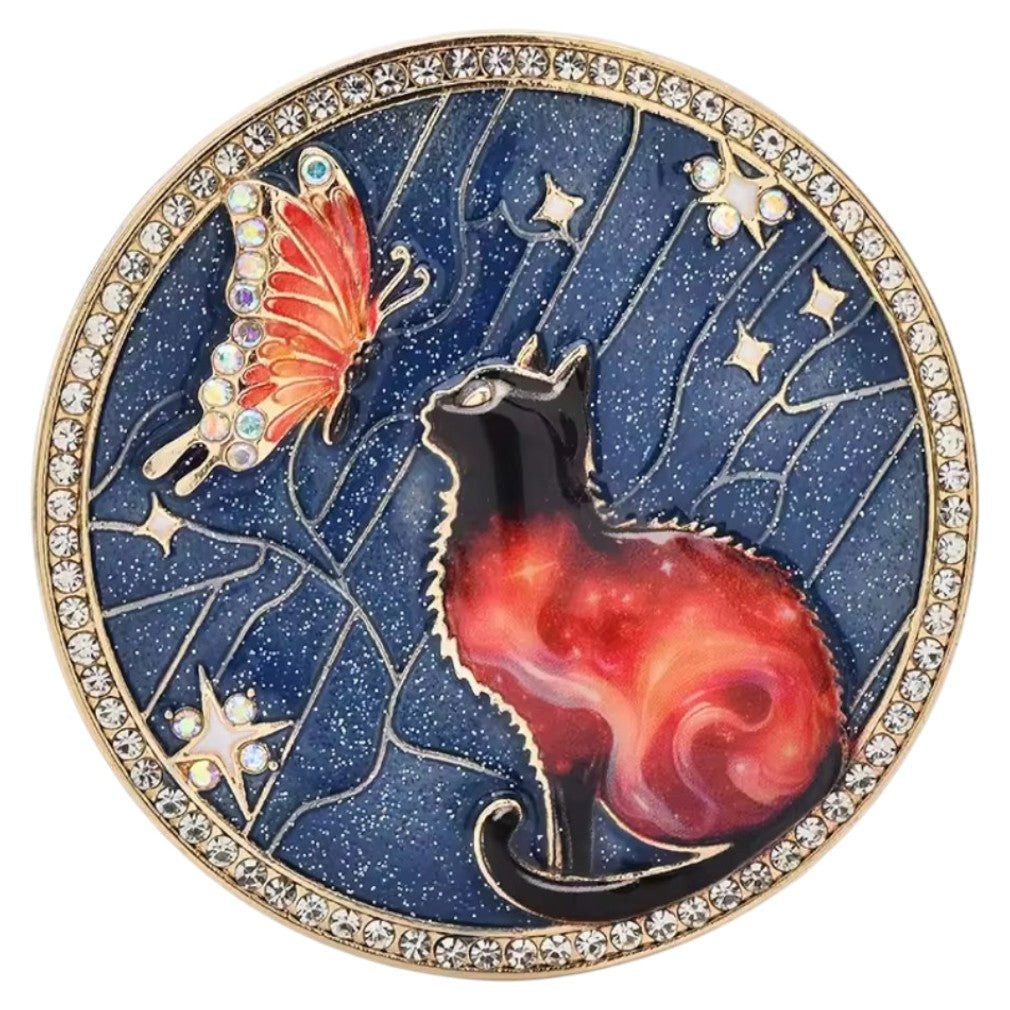 Dark-Desires Brosche Vintage Katzen-Brosche Feuer & Nacht Emaille, Strass & Schmetterling, Damen Brosche vintage Accesssoire retro Anstecknadel